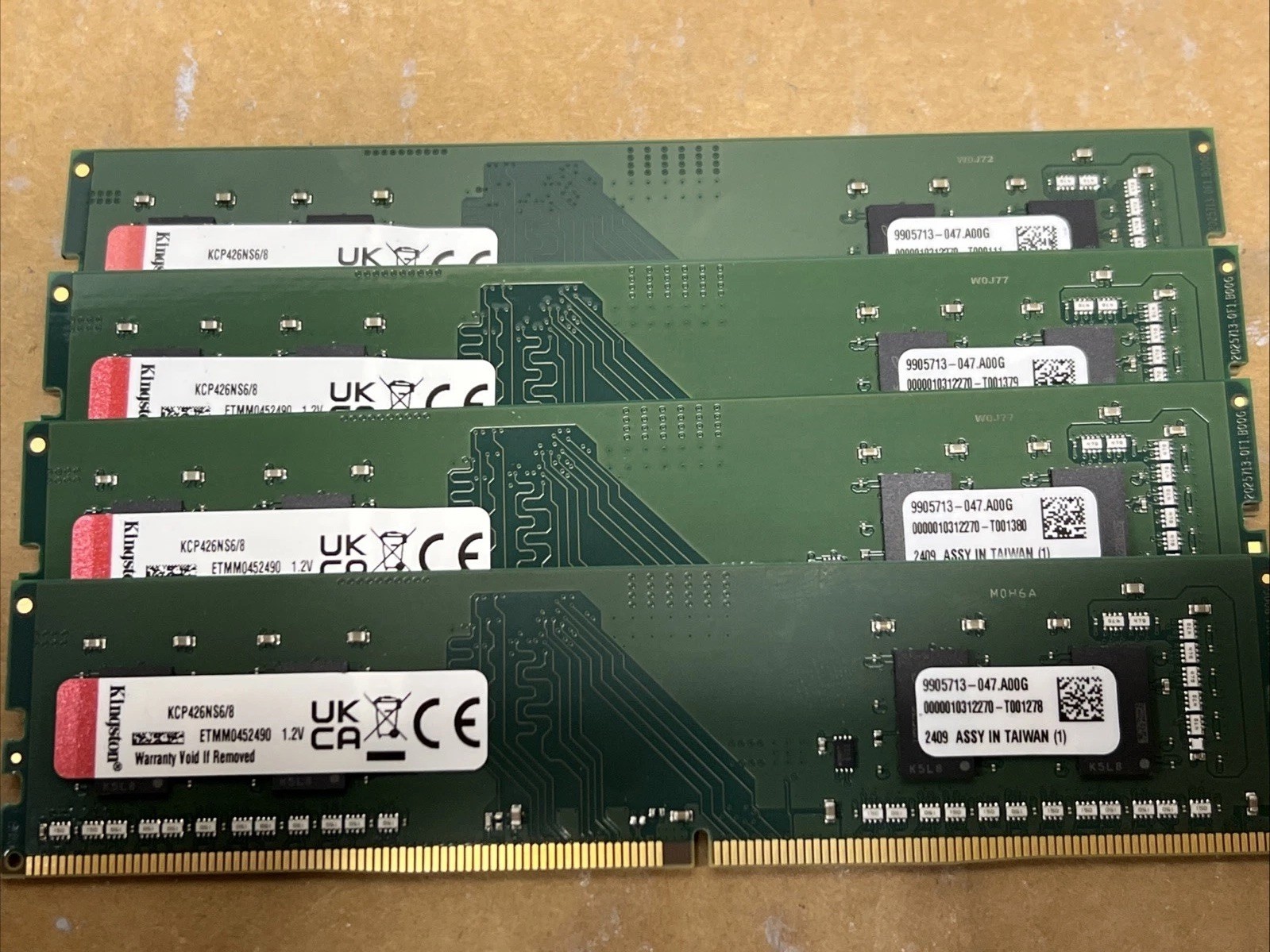 Lot of 4 Kingston KCP426NS68 8GB DDR4-2666 Desktop RAM 32GB Total