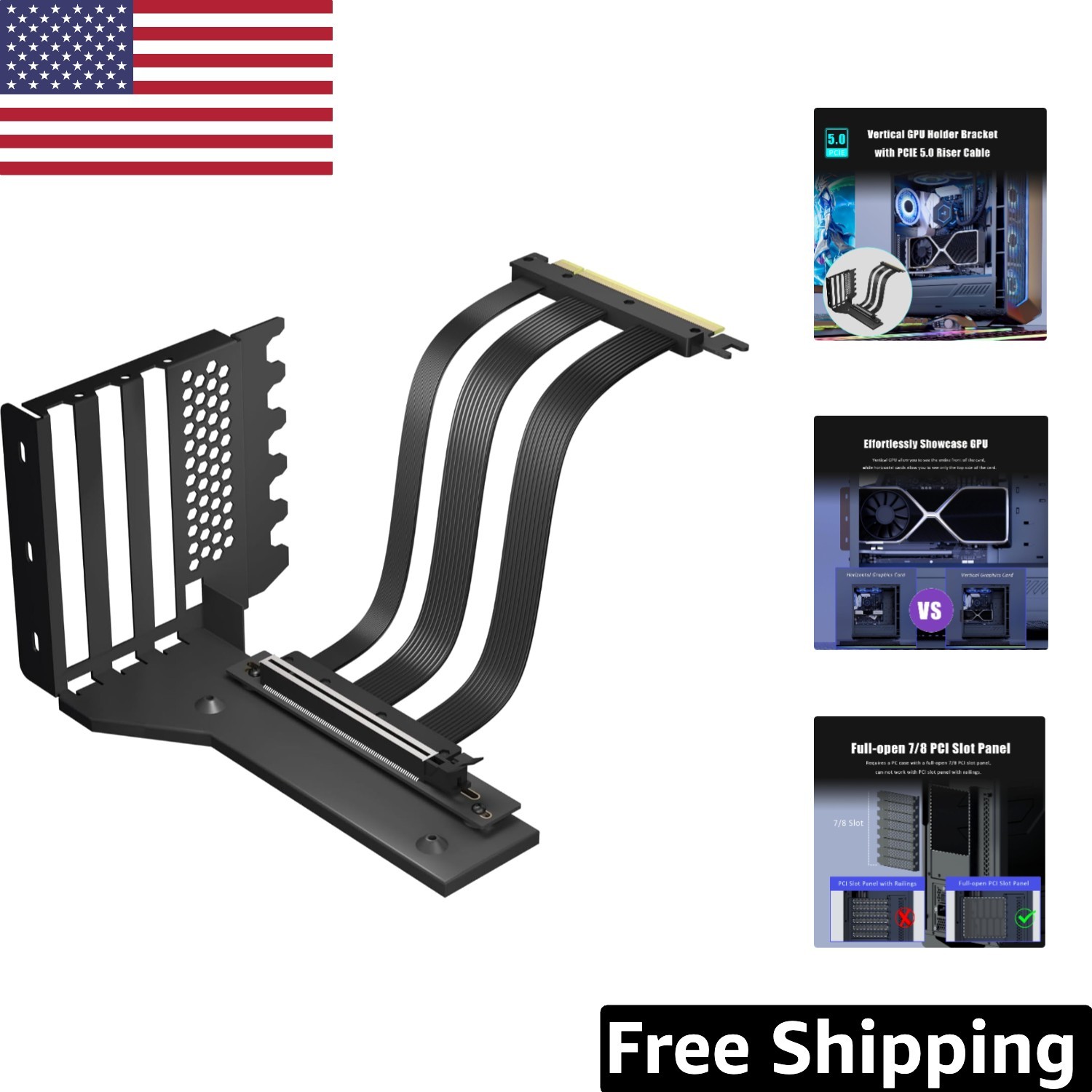 Enhanced 3-Slot Vertical GPU Bracket – Fast PCIe 5.0 Compatible Riser Included