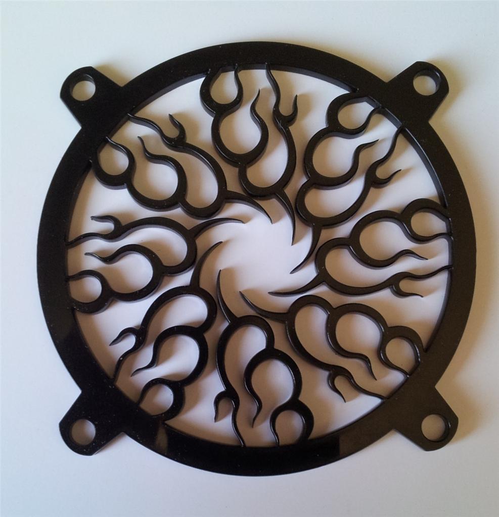 Custom 80mm FLAME SPIRAL Computer Fan Grill Gloss Black Acrylic Cooling Cover