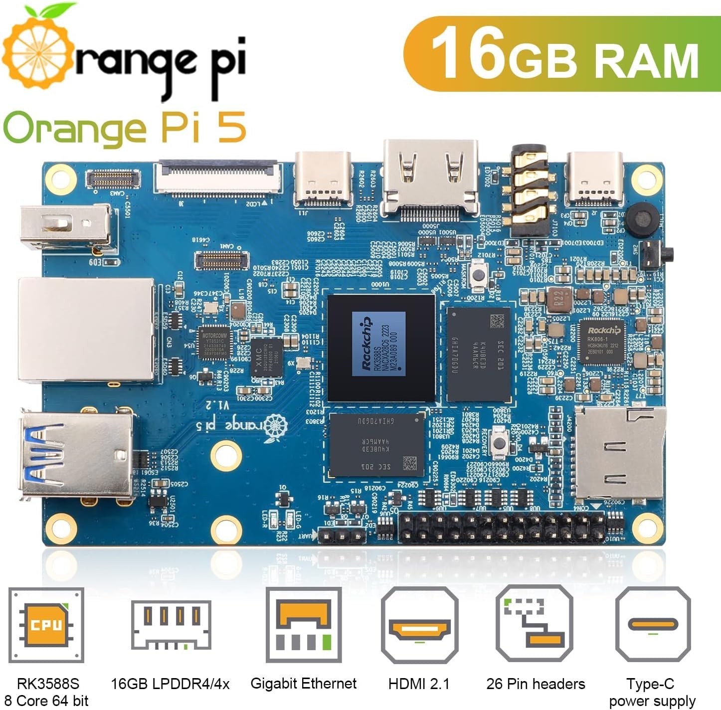 Orange Pi 5 16GB Rockchip RK3588S 8 Core 64 Bit Single Board Computer, 2.4GHz