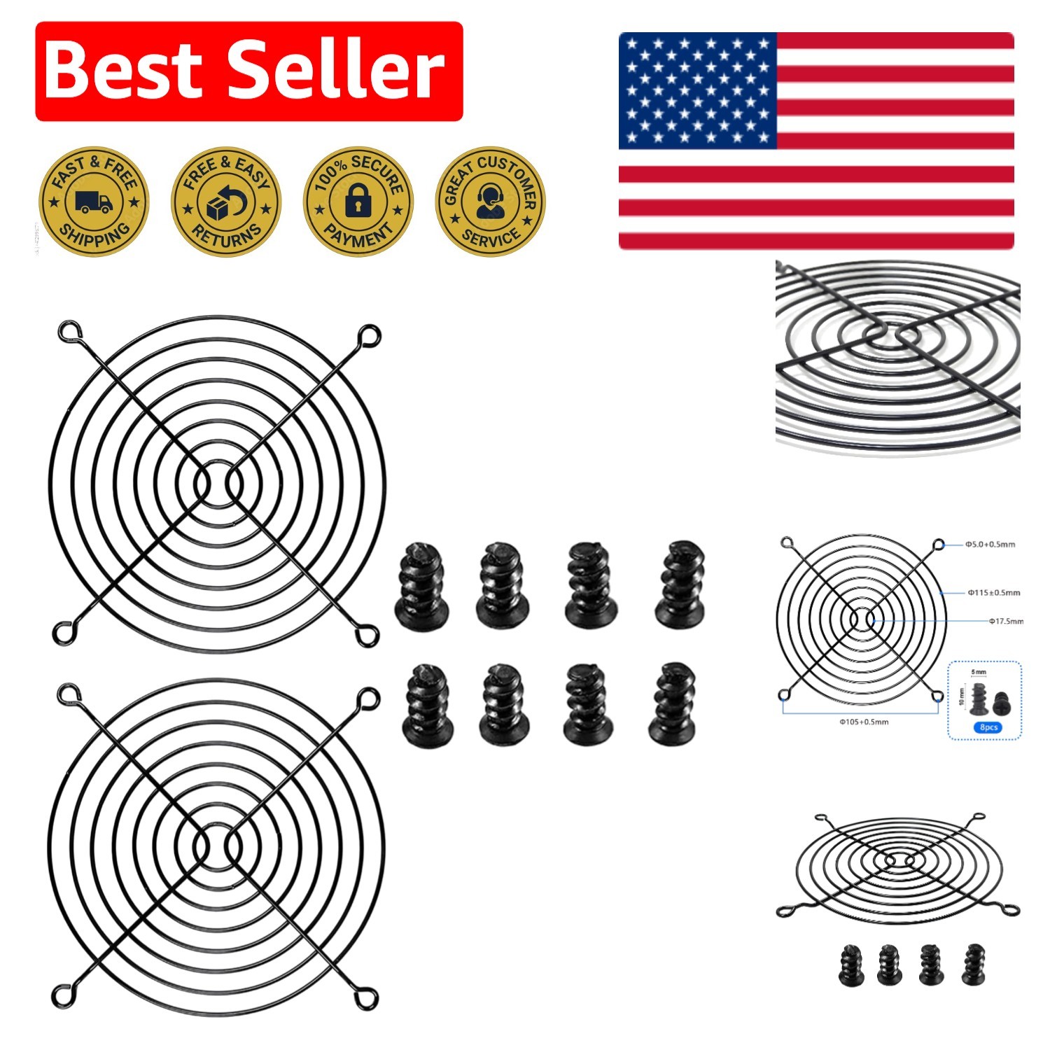 Sleek Black 120mm Fan Grill Set – Sturdy Metal Covers with Easy Install Screws