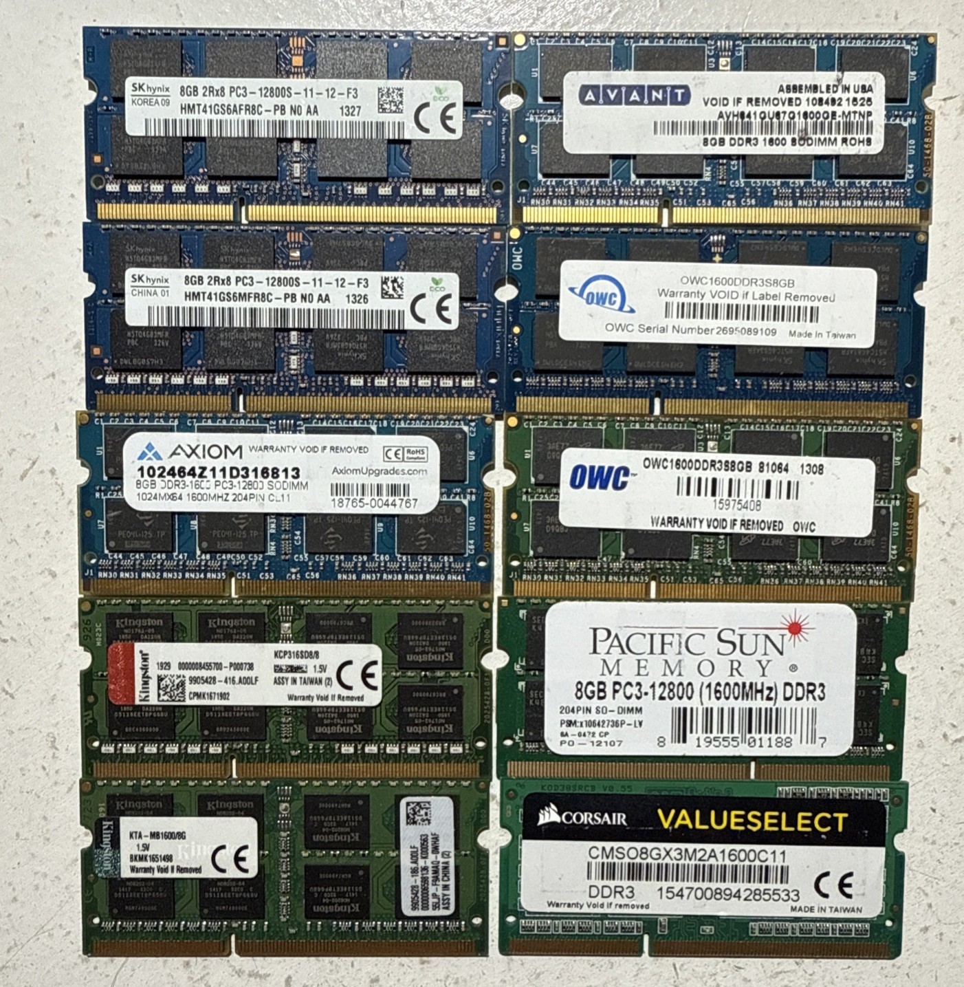 Lot 10 Mixed Brands 8GB PC3(L)-12800S DDR3-1600 Laptop Ram Memory (80GB Total)