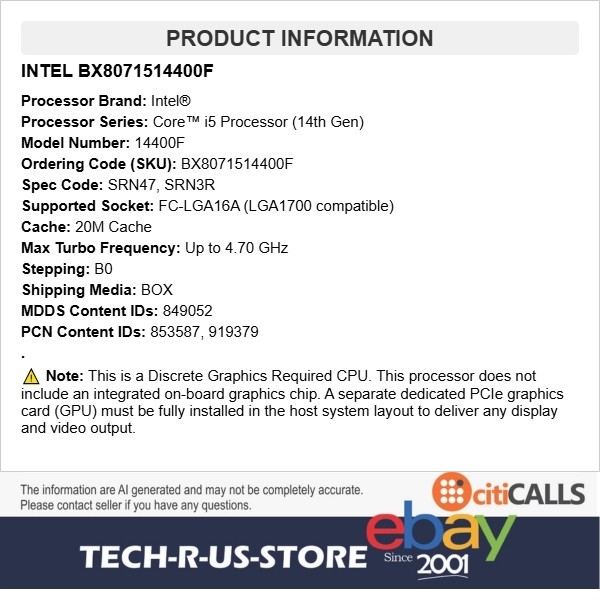 Intel BX8071514400F Core i5-14400F 3.5GHz 10-Core LGA1700 Retail Box Gaming CPU