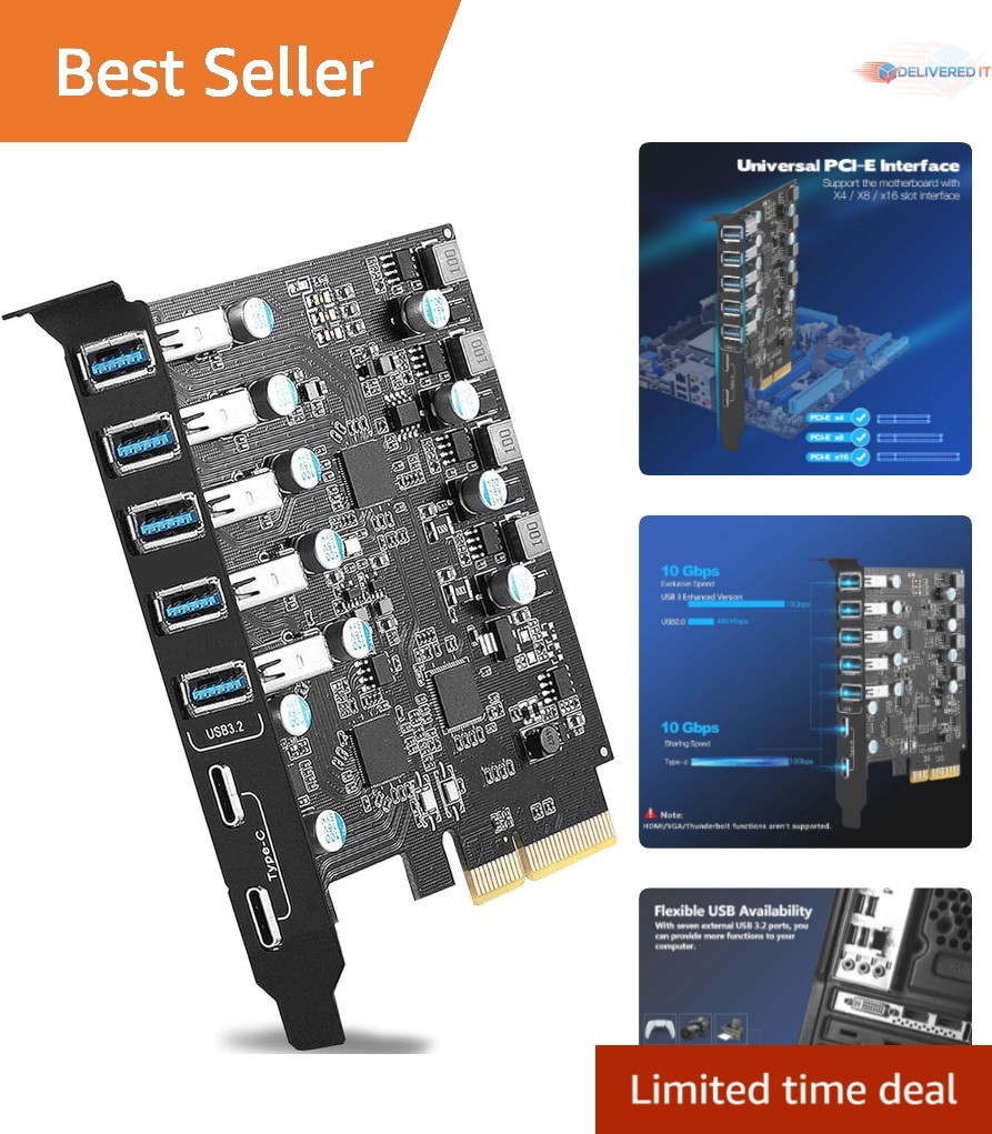 PCIe USB Expansion Card 7 Ports 10Gbps USB 3.2/3.1 Gen 2 Hub Controller Adapter