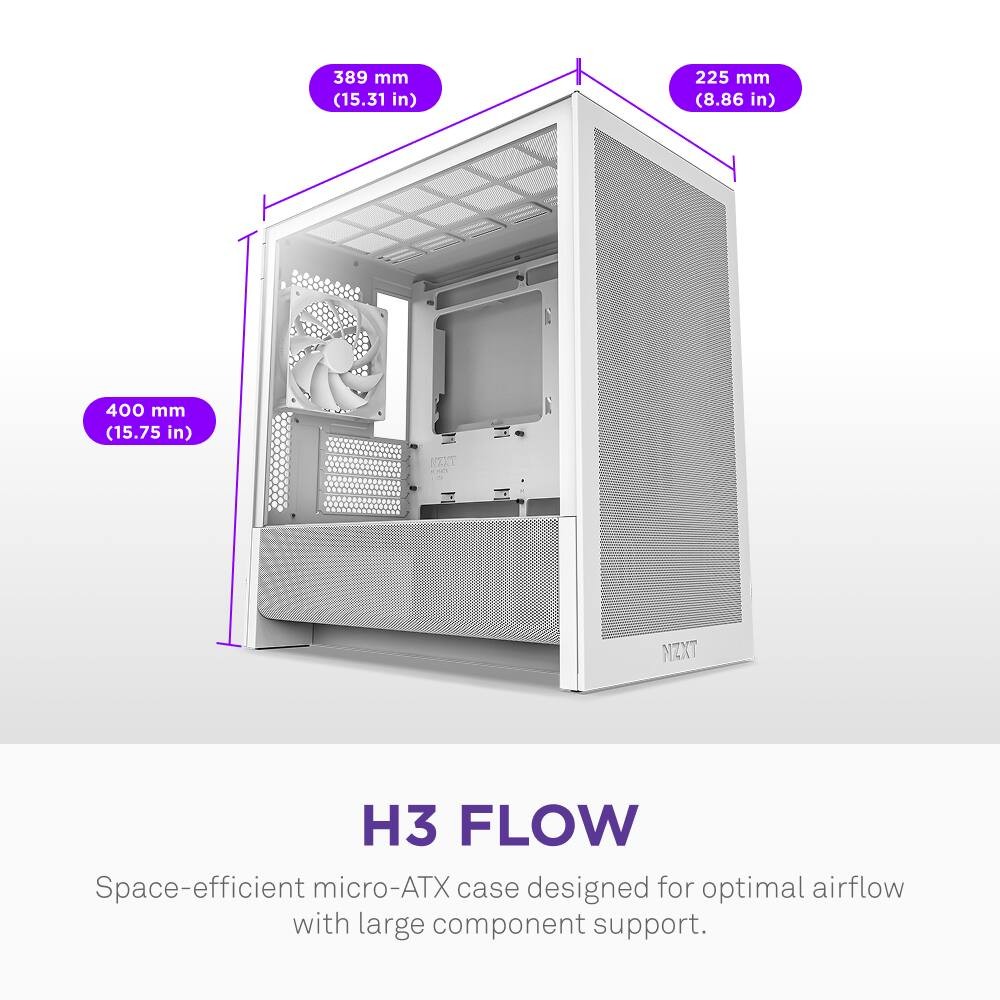 NZXT – H3 Flow Micro-ATX High-Airflow PC Case – White