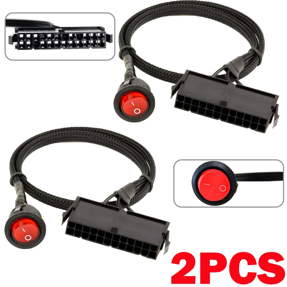 2 Pcs 24 Pin ATX Red LED Power On/Off Switch Jumper Bridge Adapter Cable