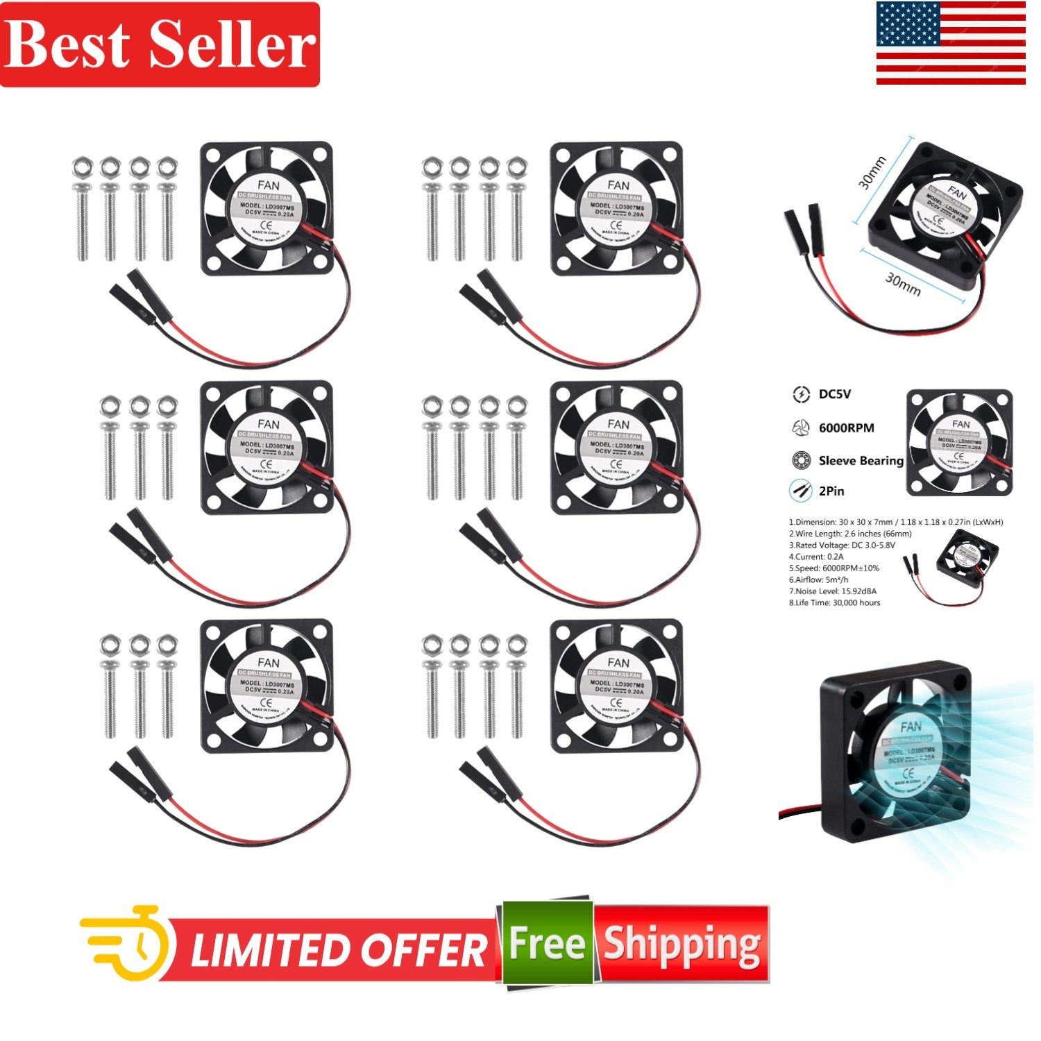 Raspberry Pi Cooling Fan 6 Pack 30x30x7mm Brushless Quiet Fan Compatible with…