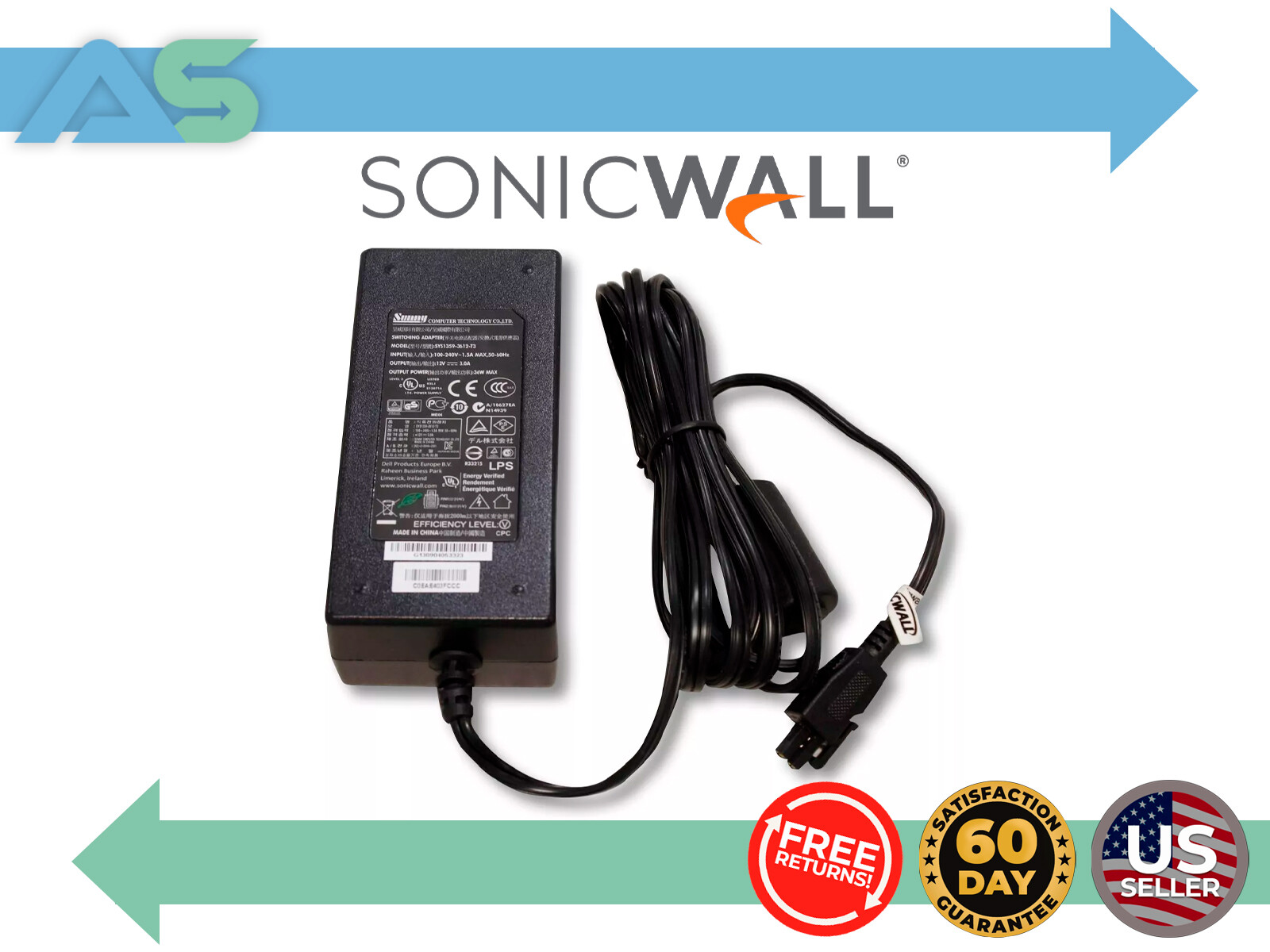 NEW Genuine SonicWall Power Supply 2 Pin Cord SYS1359-3612-T3 TZ215 TZ400 TZ500