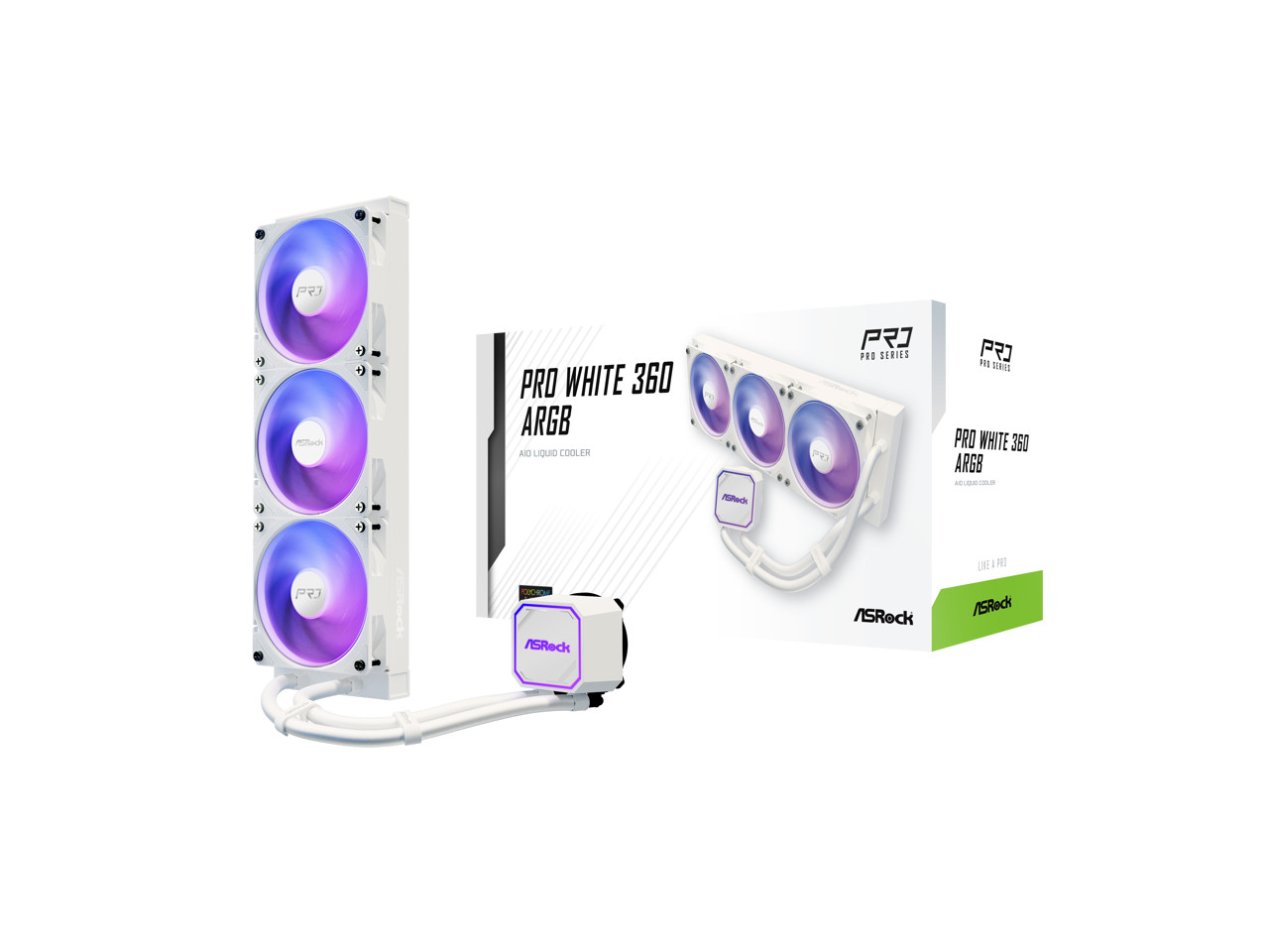 ASRock AIO PRO White 360 ARGB 27mm radiator, ARGB waterblock, ARGB Hub-lighting