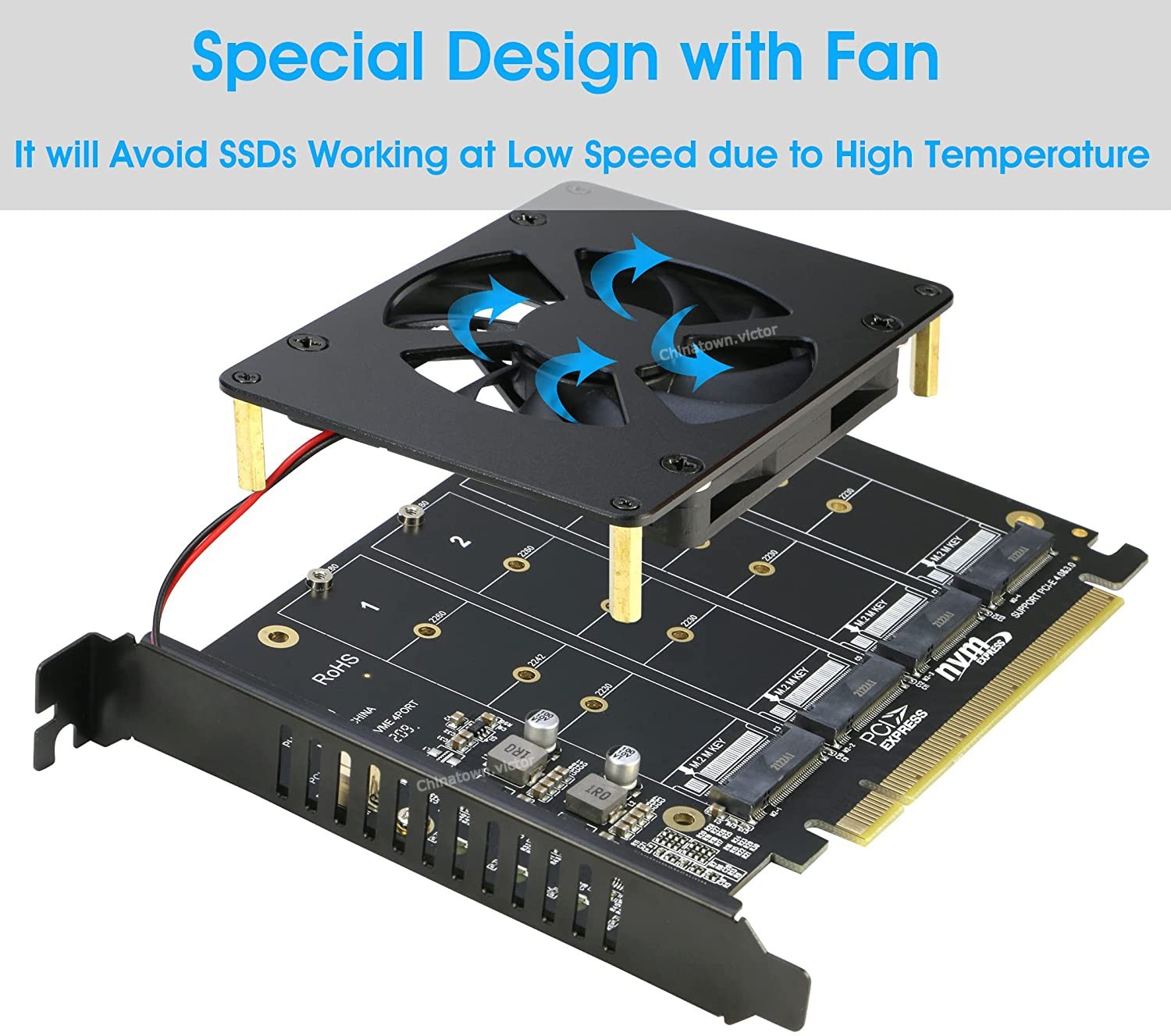Quad M.2 NVME SSD to PCI-E 4.0 X16 Adapter Card w/Fan,PCI-e Bifurcation Required