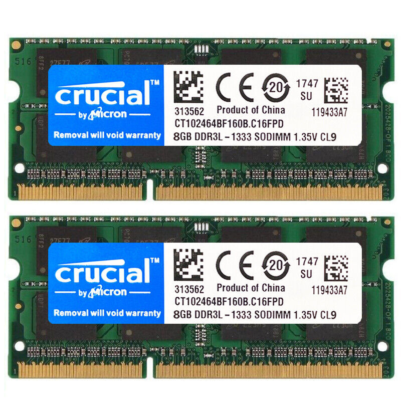 CRUCIAL DDR3L 16GB (8GB x2) 1333mhz PC3L-10600 Laptop SODIMM Memory RAM 204Pin