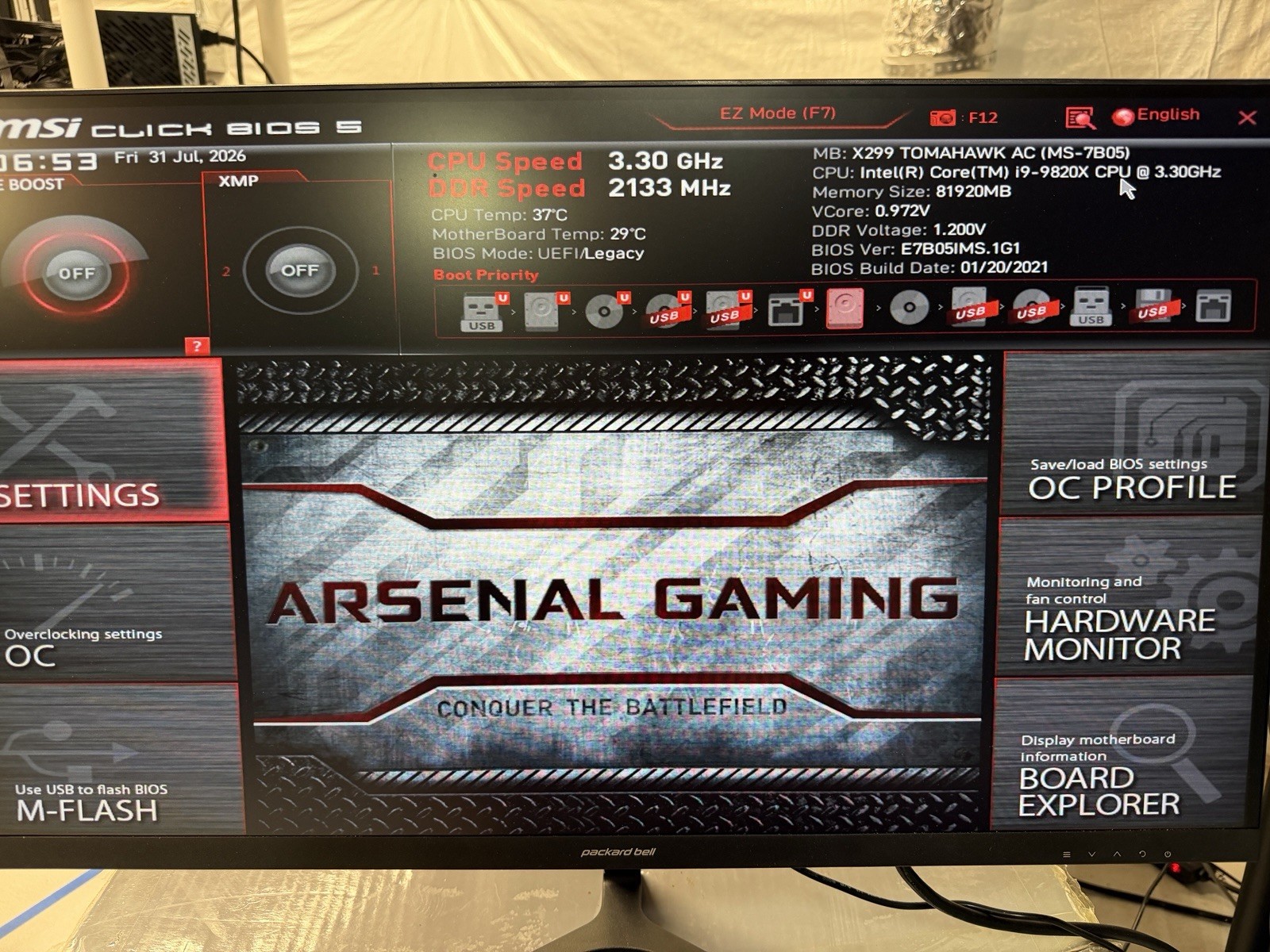 MSI X299 TOMAHAWK AC LGA 2066 X299 SATA 6Gb/s Motherboard + Core I9 9820x