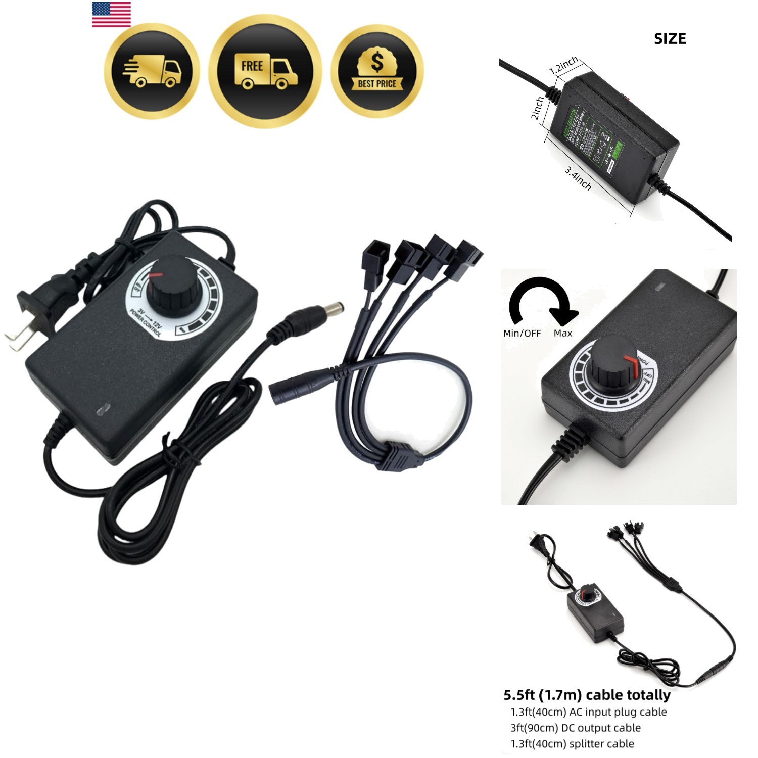 12V PC Fan Speed Controller, Fan Power Supply 100-240V AC to 3-12V DC 36W Adj…