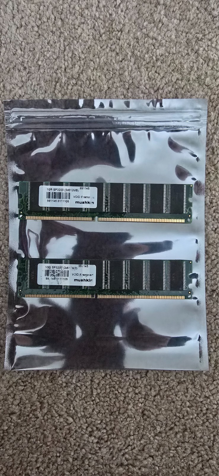 Mushkin 2x512MB PC3200 400MHz DDR1 SDRAM 184 pin DIMM