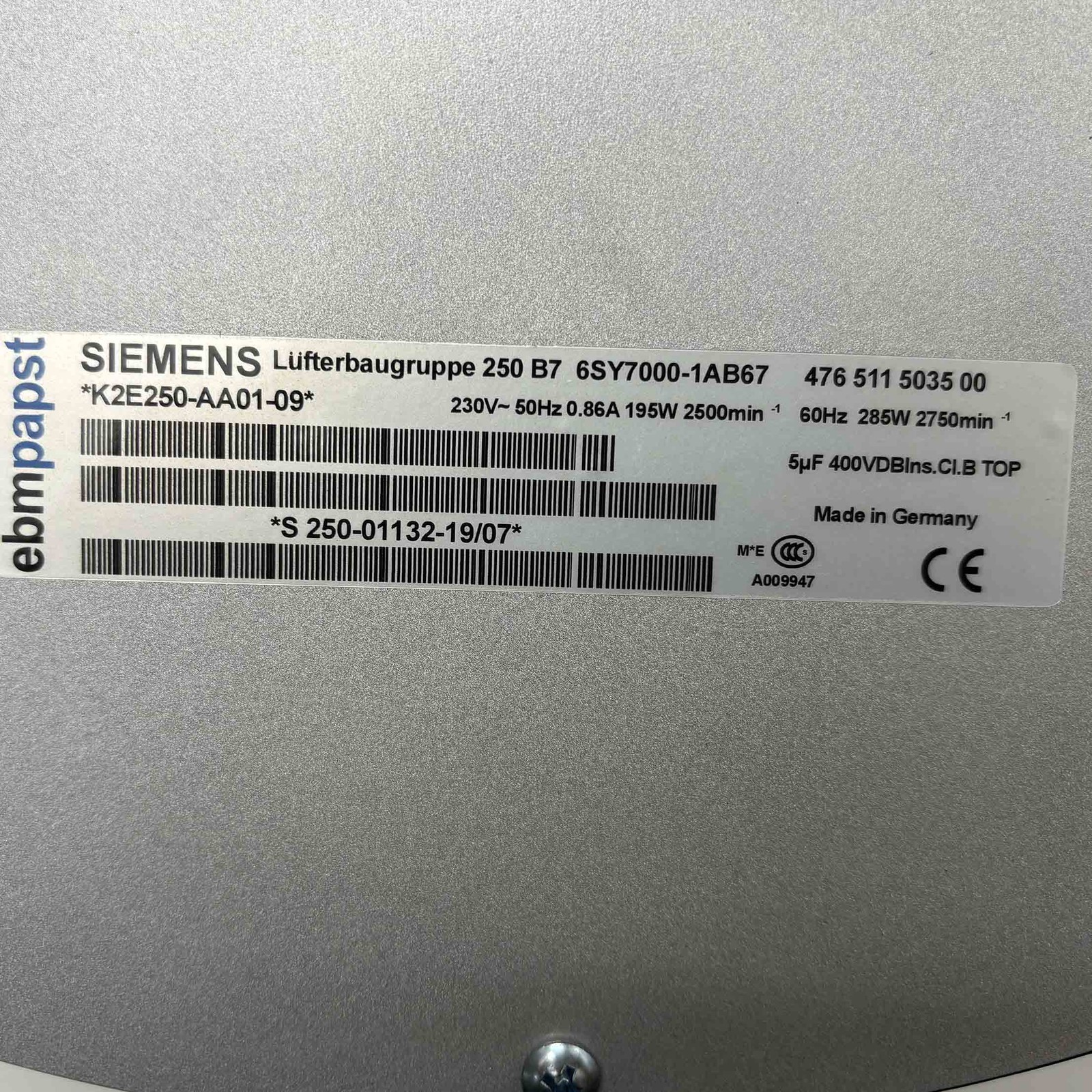 New Centrifugal Fan K2E250-AA01-09 230VAC 275W 2450RPM SIEMENS 6SY7000-0AB67
