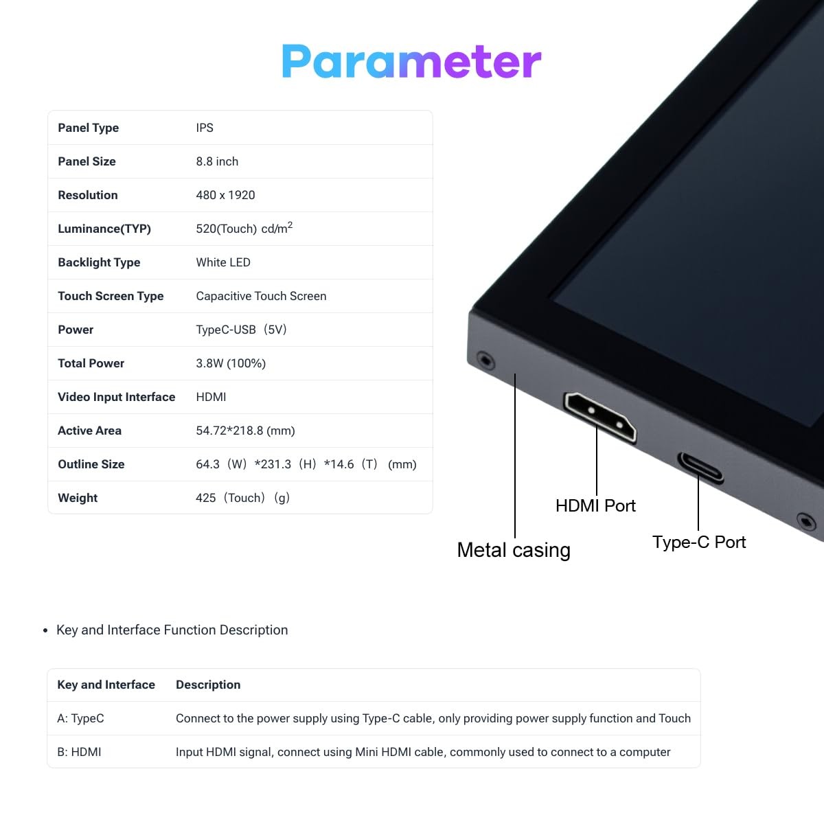 8.8 Inch Touchscreen Computer Secondary Screen 1920×480 FHD IPS LCD Display f…