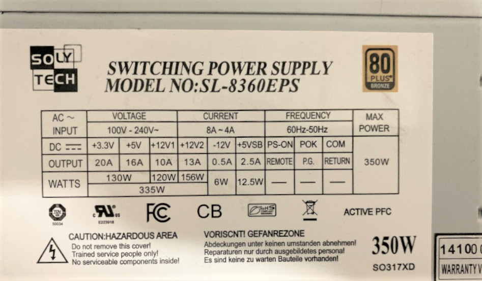 Soly Tech 350W Switching ATX Power Supply SL-8360EPS 80 Plus Bronze