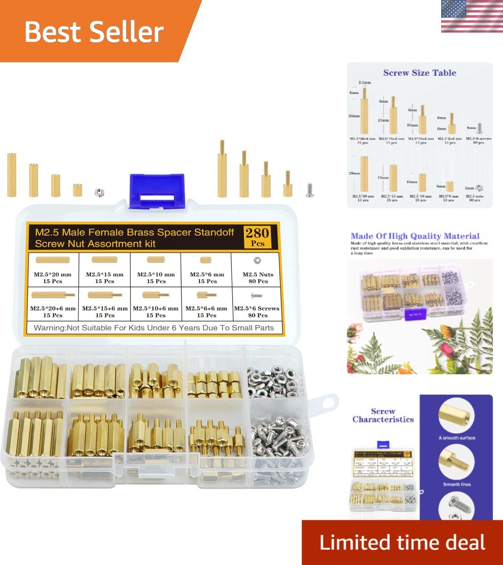 Precision M2.5 Standoffs, Screws & Nuts Kit – 280 Brass Pieces for Electronics