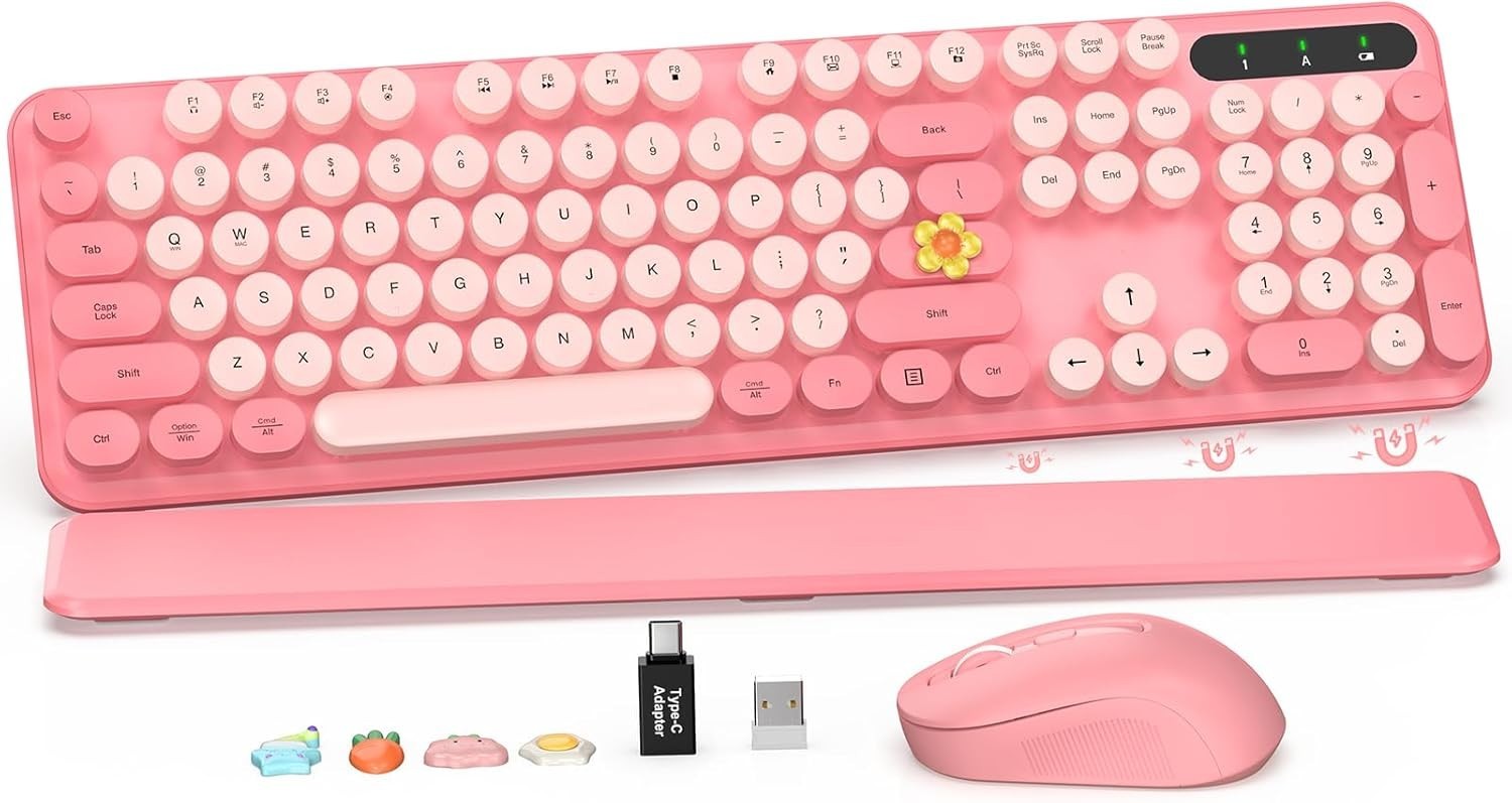 Pink Wireless Keyboard Mouse Combo Retro Typewriter Round Keys Wrist Rest