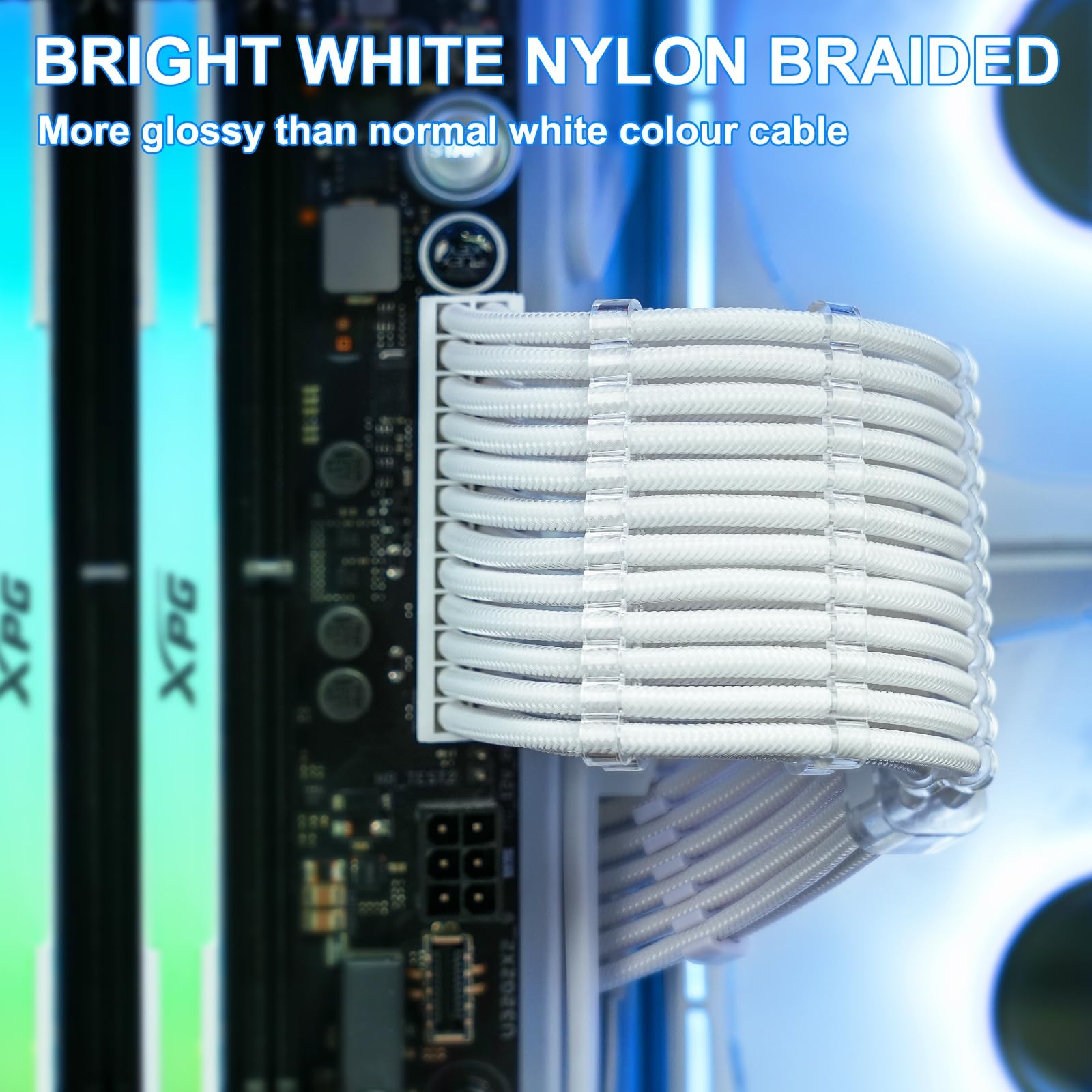 White PSU Extension Cable Kit 24Pin ATX 8Pin EPS PCIE GPU Nylon Braided 11.8 In