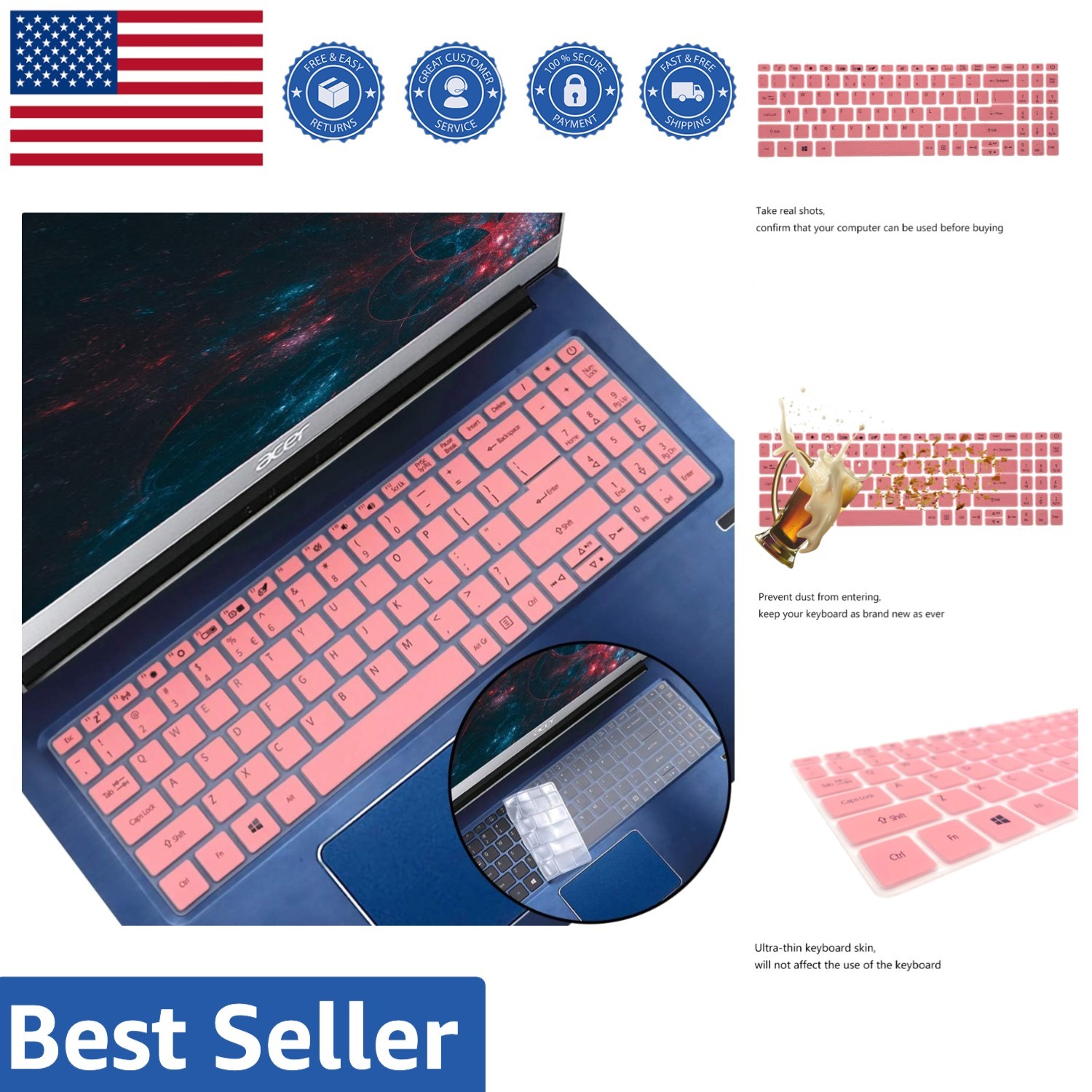 2-Pack Dustproof Silicone Keyboard Covers for Acer 15.6” Laptops – Pink & Clear