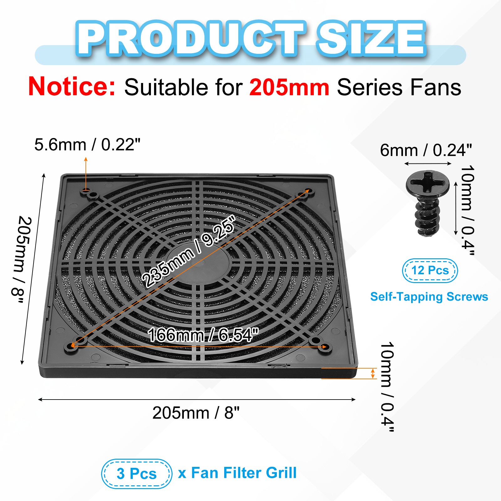 3Pcs 200mm Fan Filter Grill Plastic Ventilation Grill Cover with Screws Black