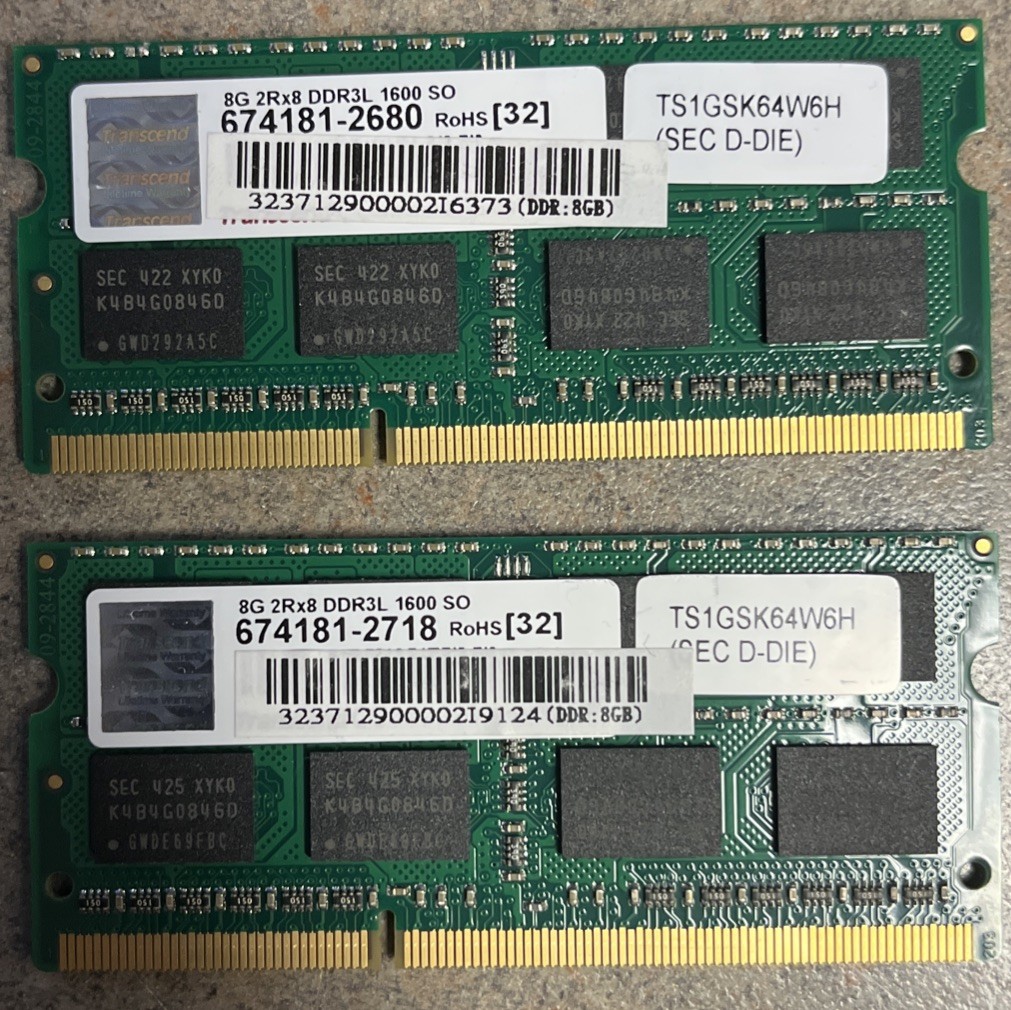 8GB laptop RAM set of 2 Transcend TS1GSK64W6H SO-DIMM 8GB DDR3L 1600