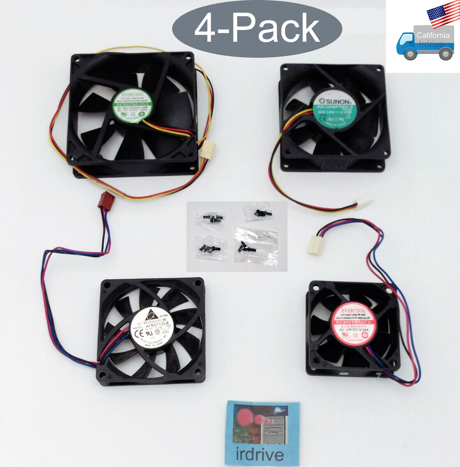 Mixed Pack 4pcs: 90mm 80mm 70mm 60mm 3-pin 12V DC PC Case Cooling Fans