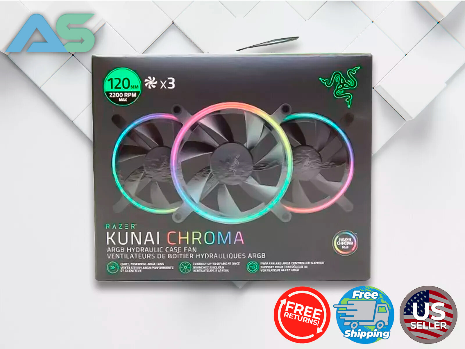 Razer Kunai Chroma 120mm 2200RPM Max ARGB and PWM Hydraulic Case Fans (3 Fans)
