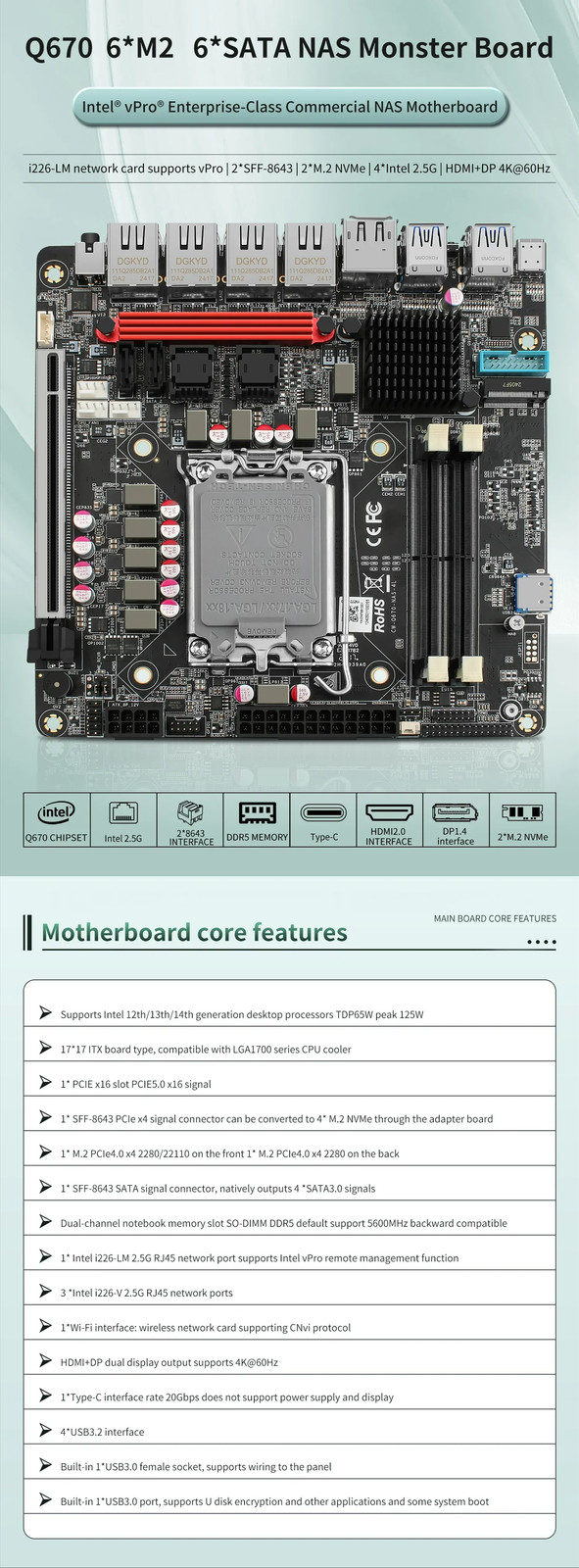 Intel vPro Q670 NAS Motherboard 4*2.5G LAN 6*NVMe 6*SATA 3.0 PCIE 5.0×16 2*DDR5
