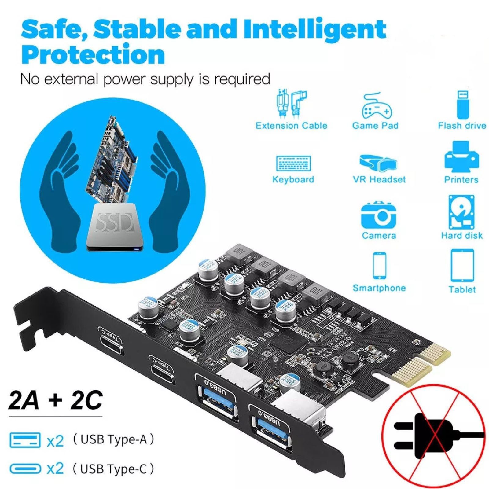 USB 3.2 GEN1 PCI-E Expansion Card 4 Ports 2*USB-A + 2*USB-C USB 3.0 5Gbps