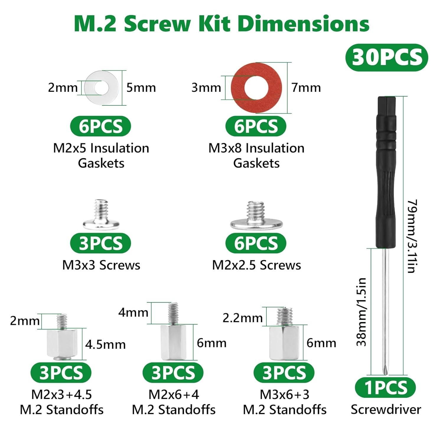 30PCS M.2 SSD Mounting Screws Kit, NVMe Screw Standoff Set with Insulating Ga…