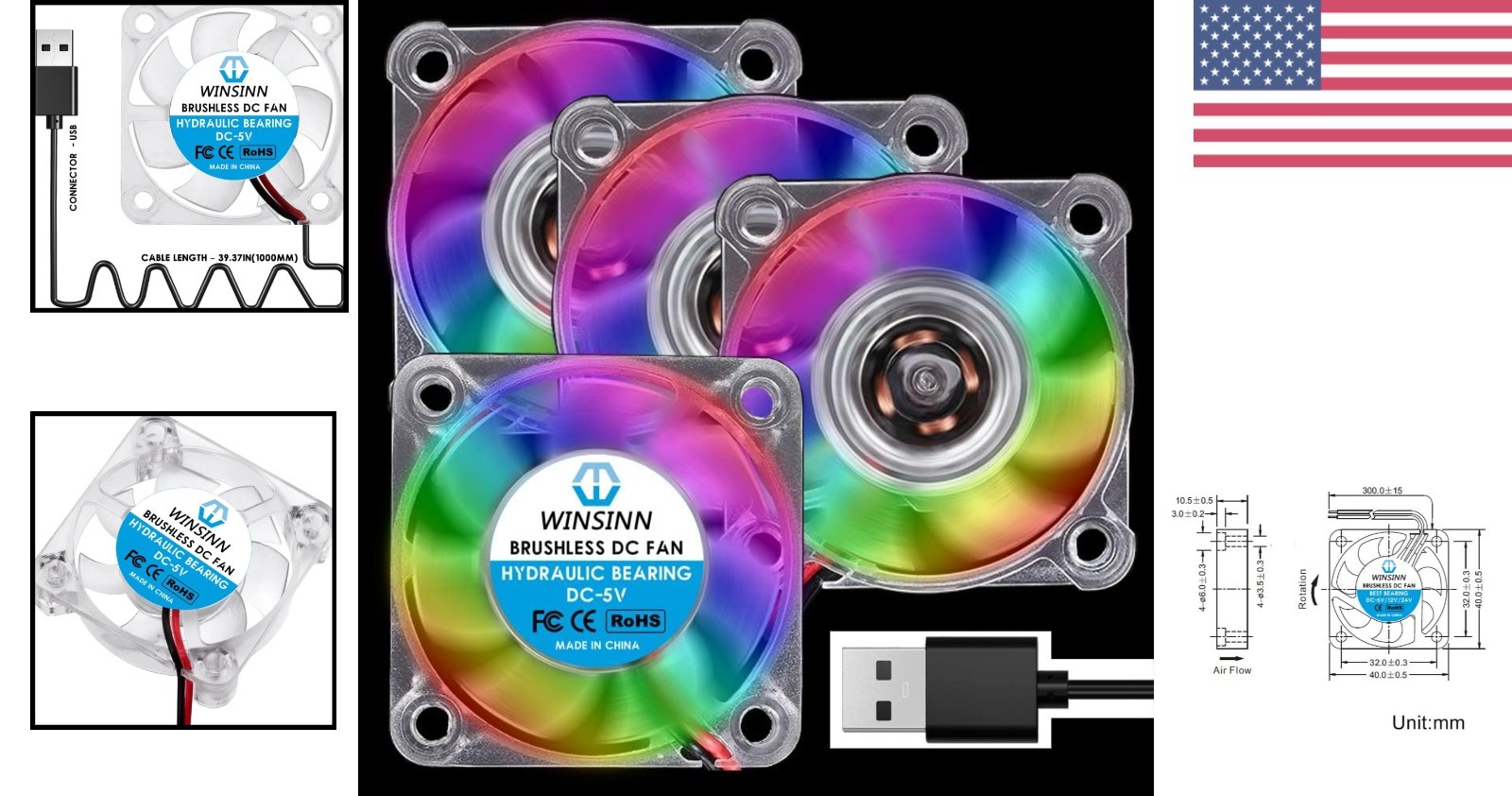 Hydraulic Bearing 40mm RGB USB Fan 5V, 4 Pack for Small Electronics Cooling