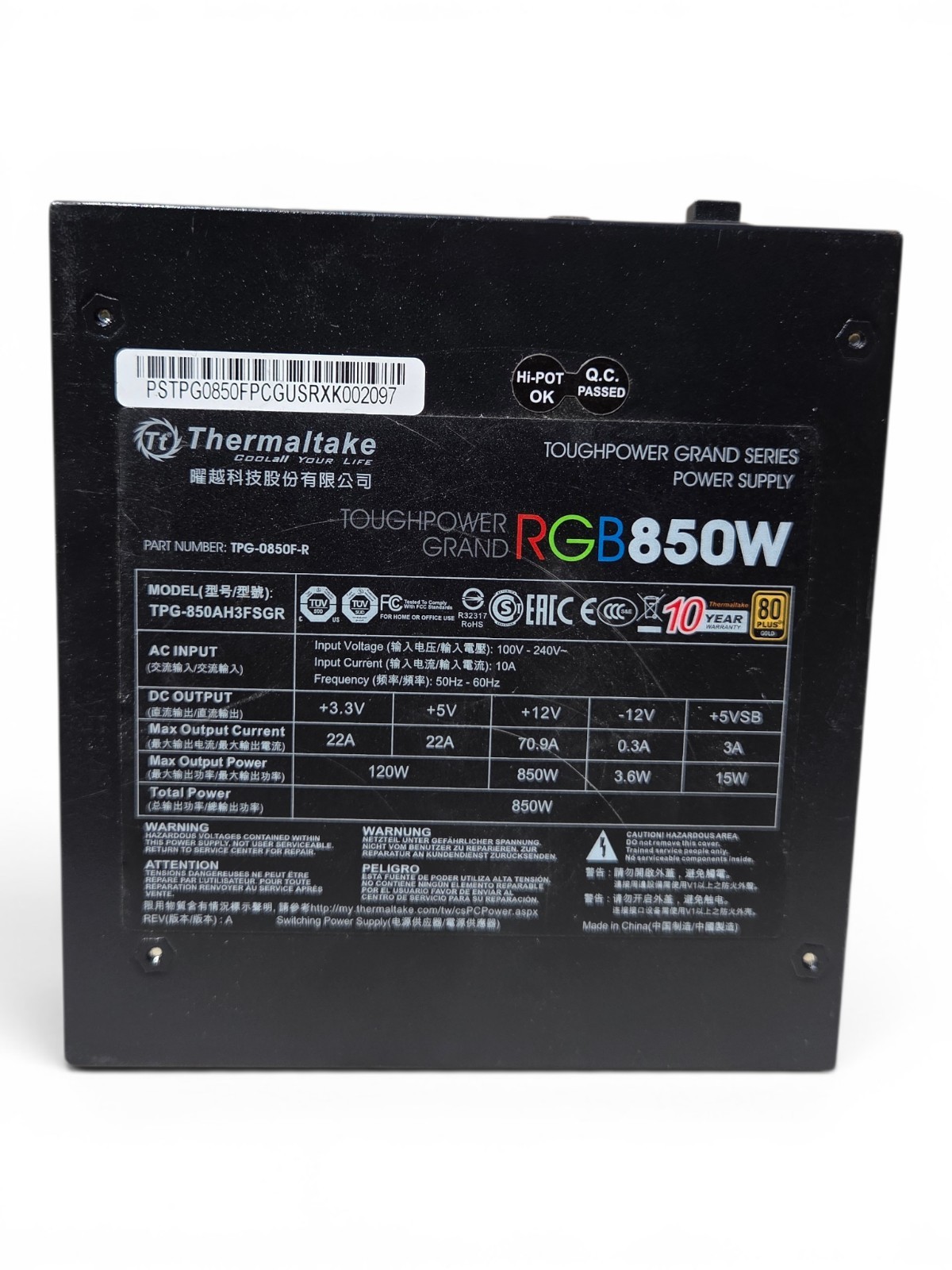 Thermaltake Toughpower Grand RGB 850W 80 Plus Gold ATX Modular PSU Black