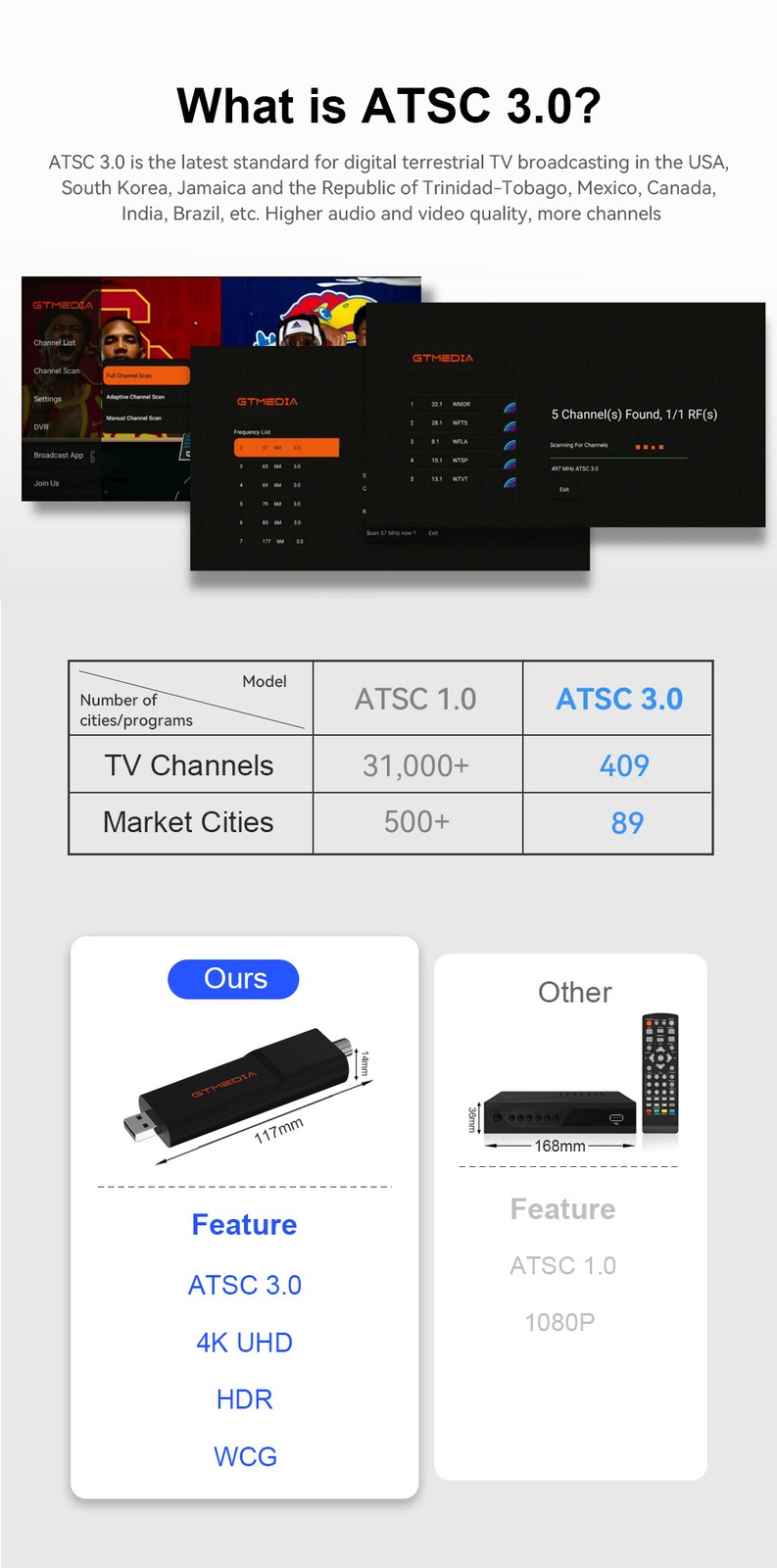 GTMedia HDTV Mate ATSC 3.0 1.0 USB TV Tuner Stick DVR Recorder for Android 9.0+
