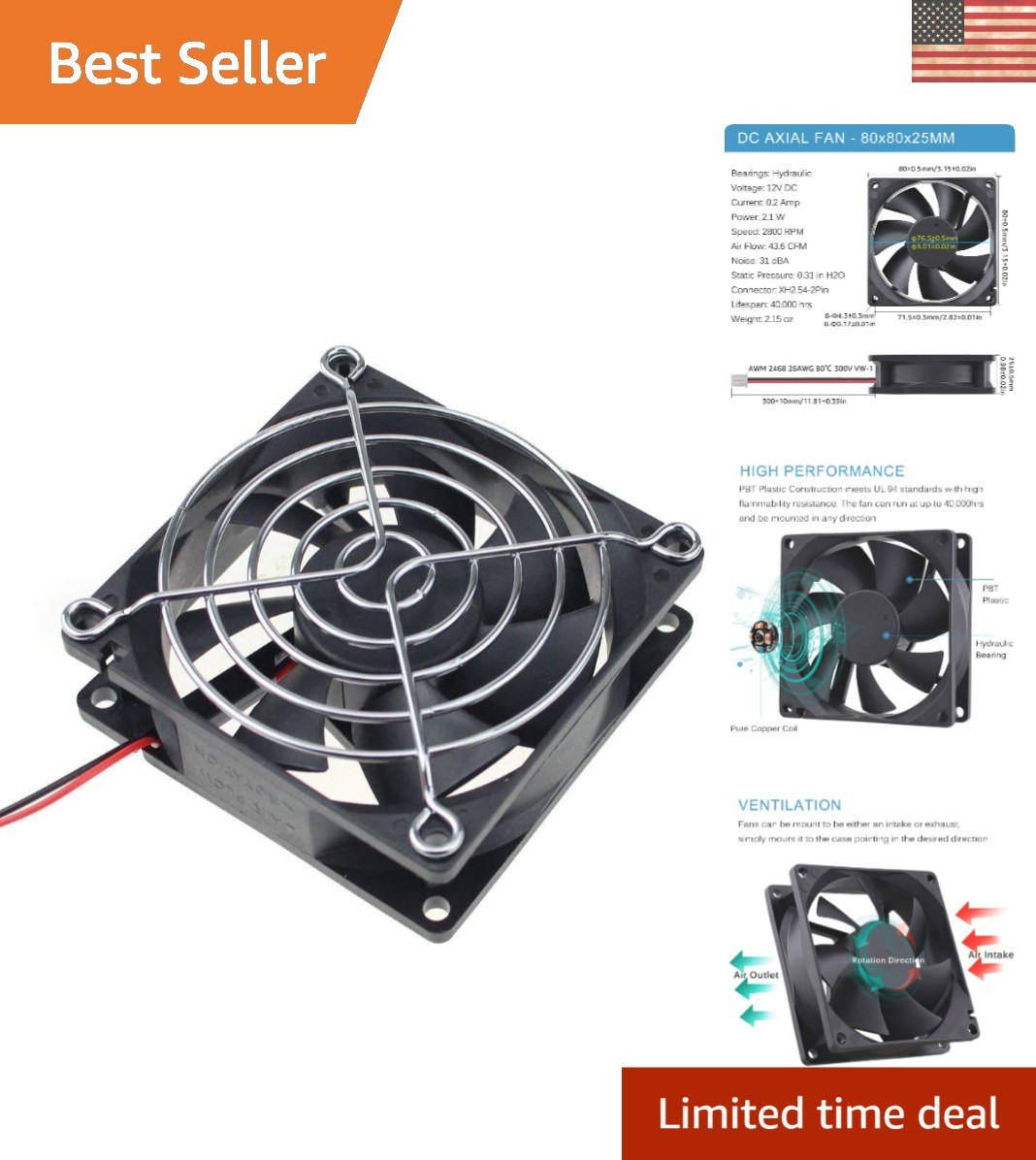Durable 12V 80mm Brushless Fan with 2-Pin Connector – Ideal for Power Supplies