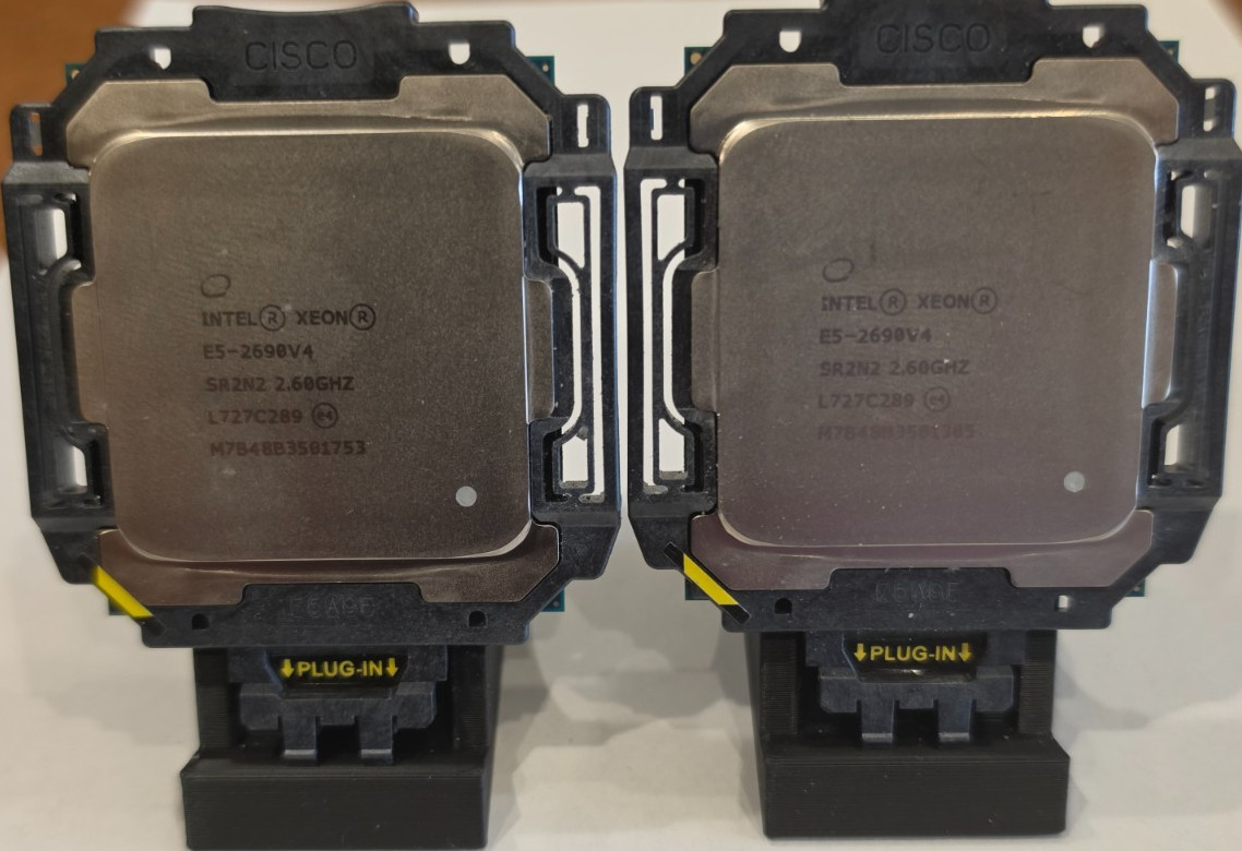 Matched pair Intel Xeon E5-2690 V4 – 2.60 GHz 14-Core SR2N2 Processors in holder