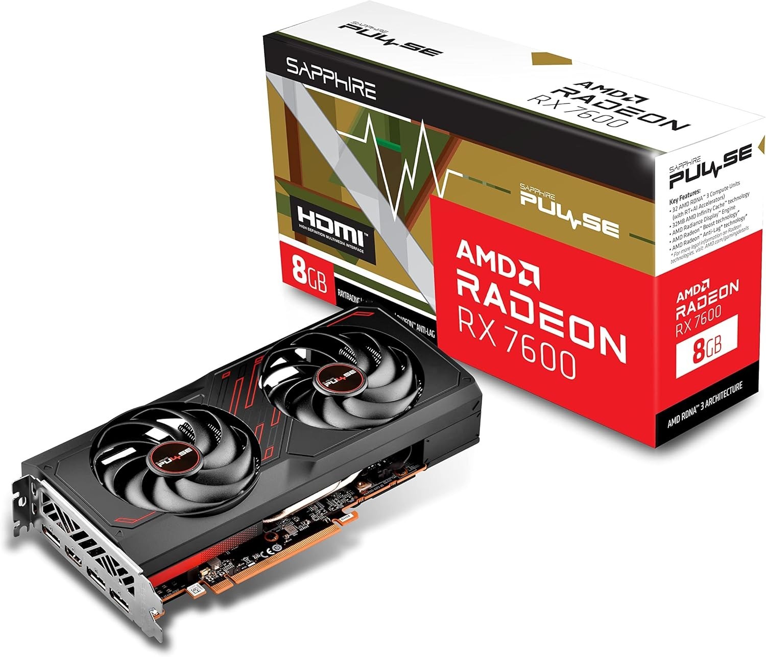 Sapphire Pulse AMD Radeon RX 7600 Gaming OC 8GB Silent Cooling Metal Back Plate