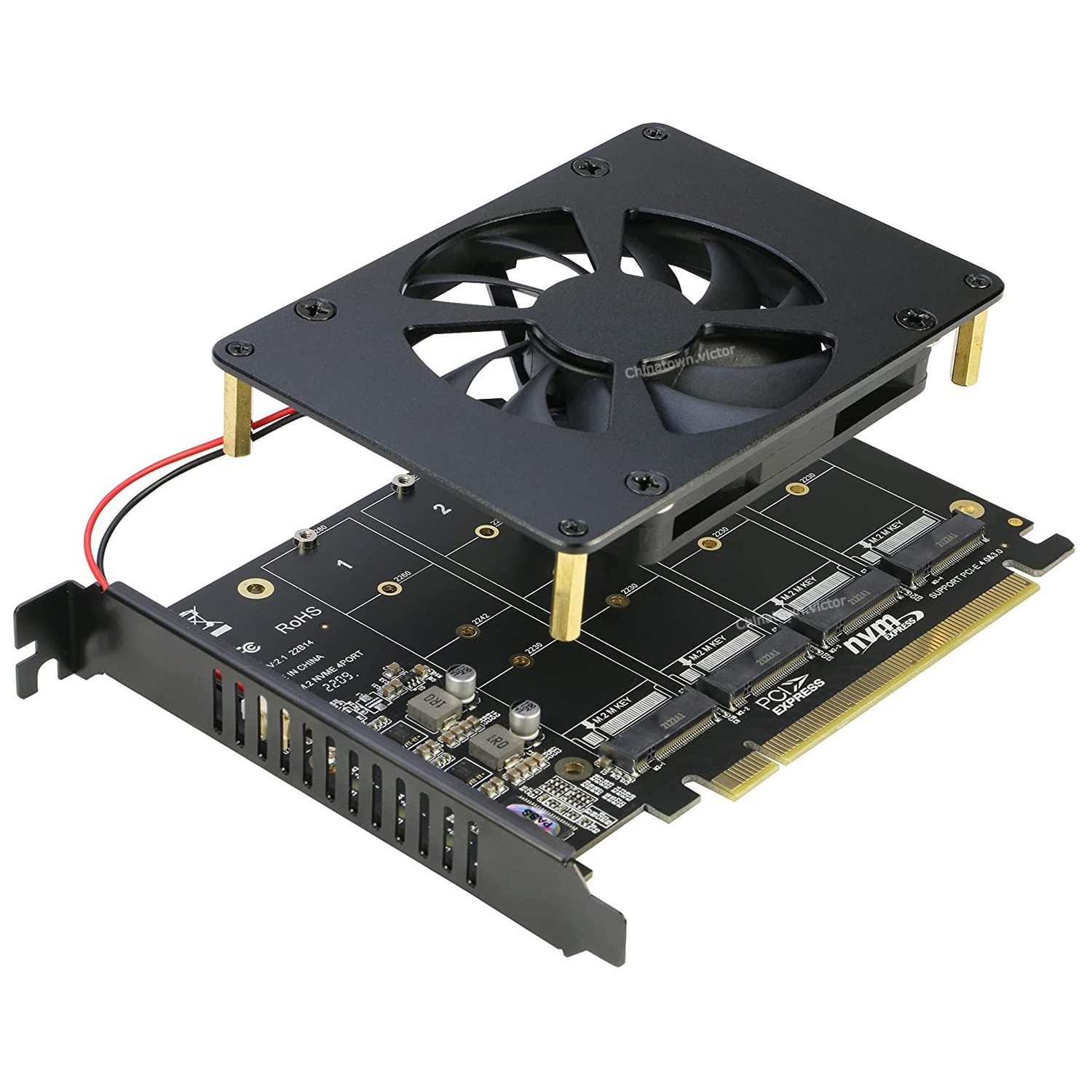 Quad M.2 NVME SSD to PCI-E 4.0 X16 Adapter Card w/Fan,PCI-e Bifurcation Required