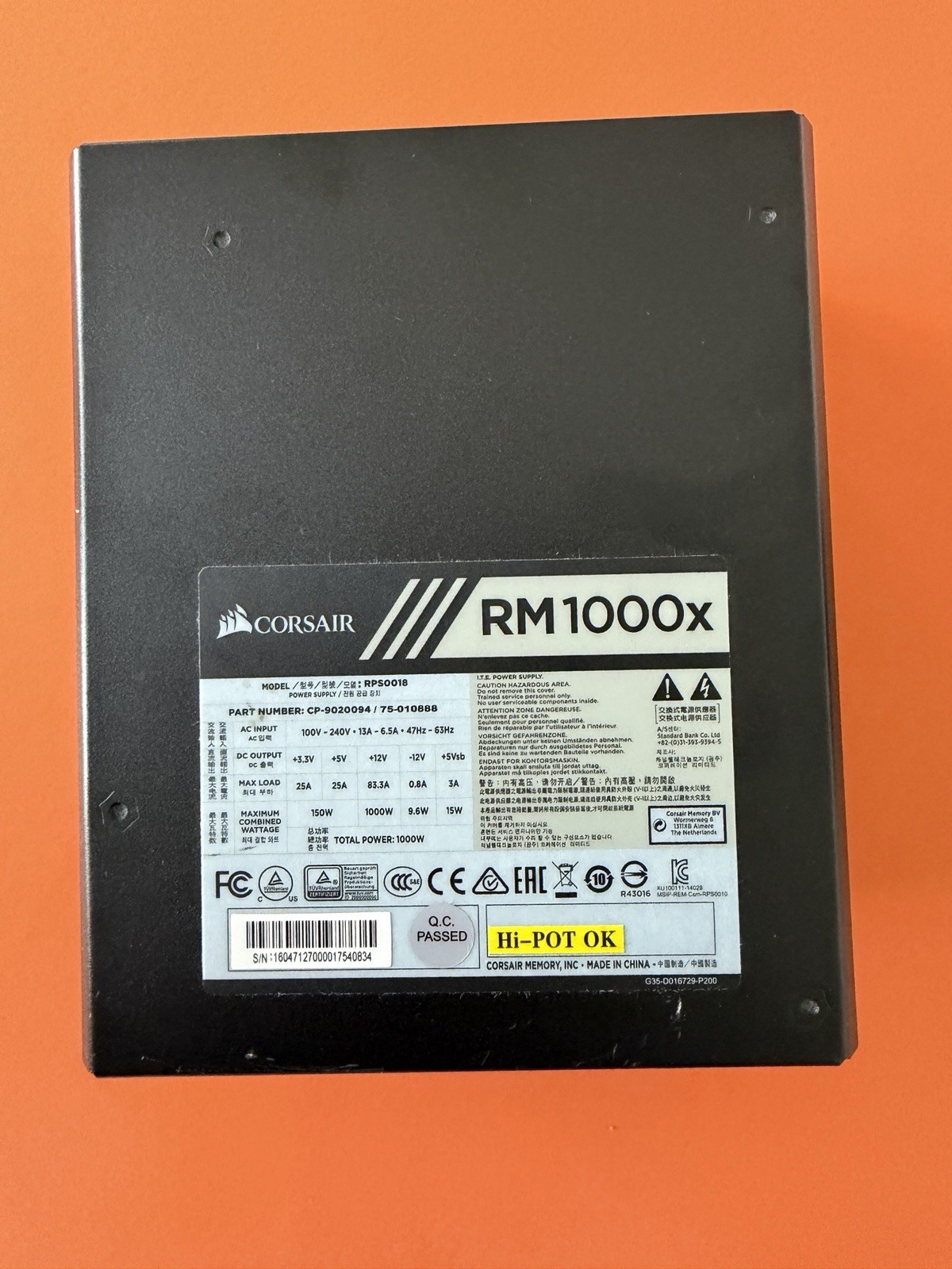 Corsair RM1000x 1000W 80+ Gold Fully Modular Power Supply PSU CP-9020094