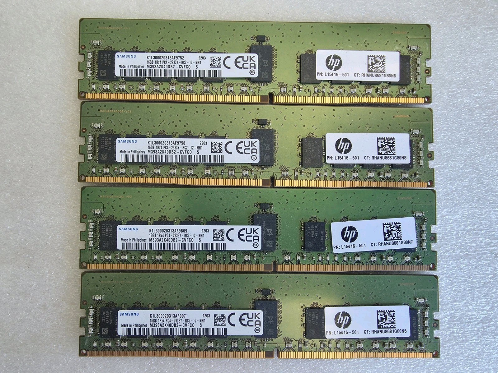 Lot of 4 Samsung HP 16GB DDR4 PC4-2933Y 1Rx4 RDIMM M393A2K40DB2-CVFC0 64GB Total