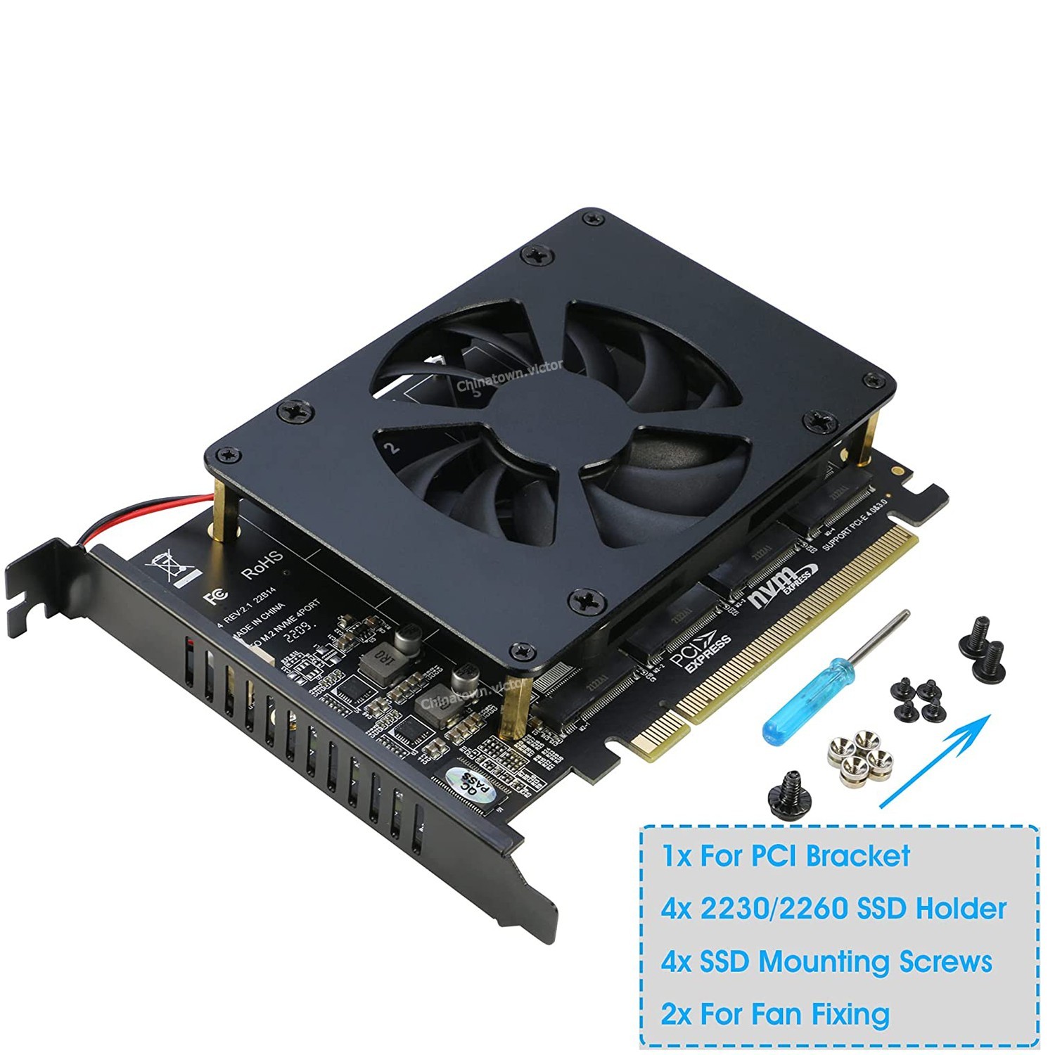Quad M.2 NVME SSD to PCI-E 4.0 X16 Adapter Card w/Fan,PCI-e Bifurcation Required