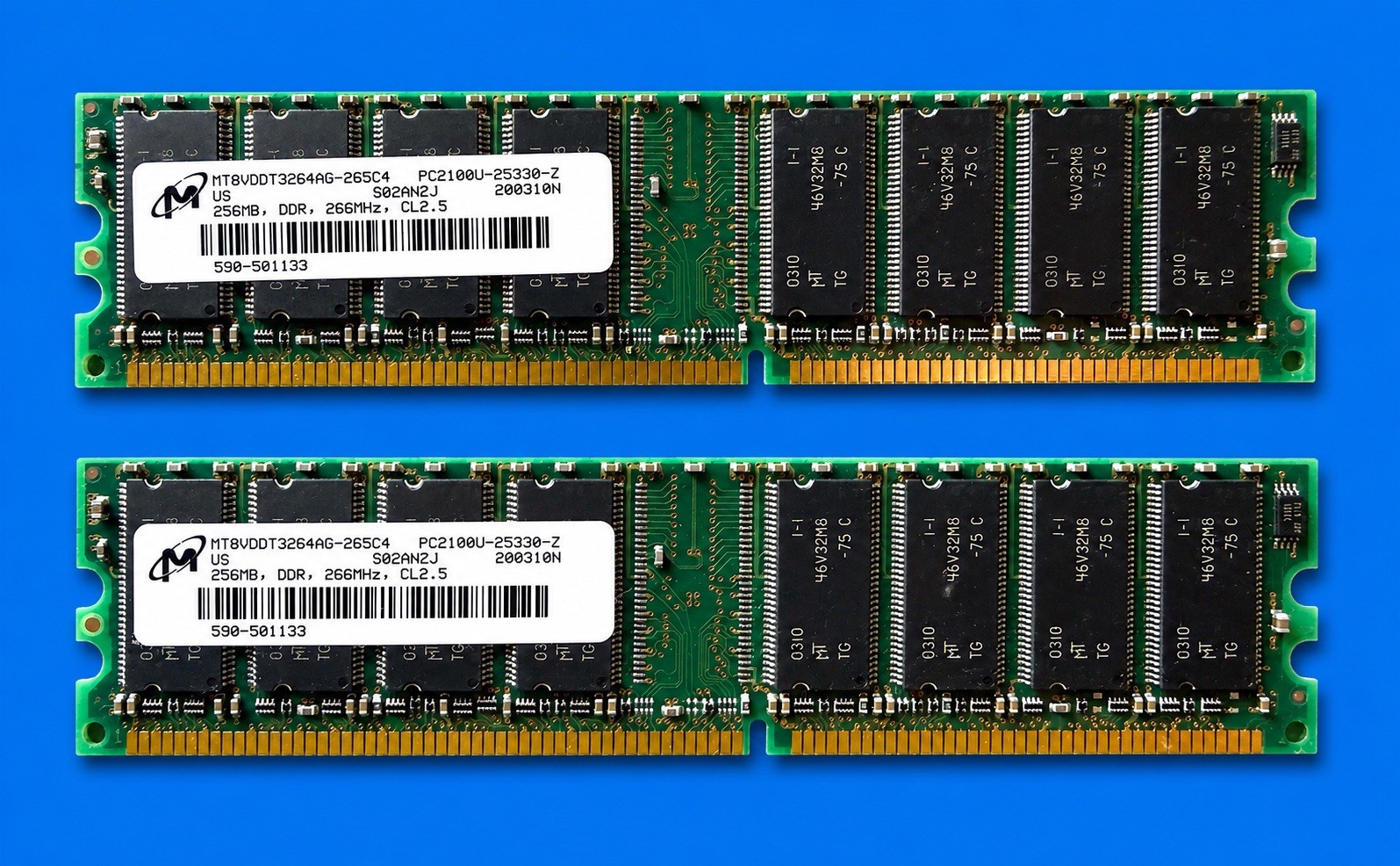 Lot of 2 Micron 256MB PC2100 DDR-266 CL2.5 184-Pin Desktop RAM MT8VDDT3264AG
