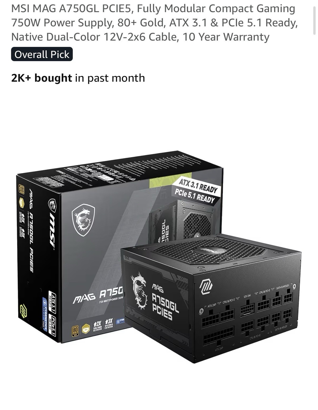 MSI MAG A750GL PCIE5 750W Modular ATX Power Supply 80+ Gold Dual-Color Cable