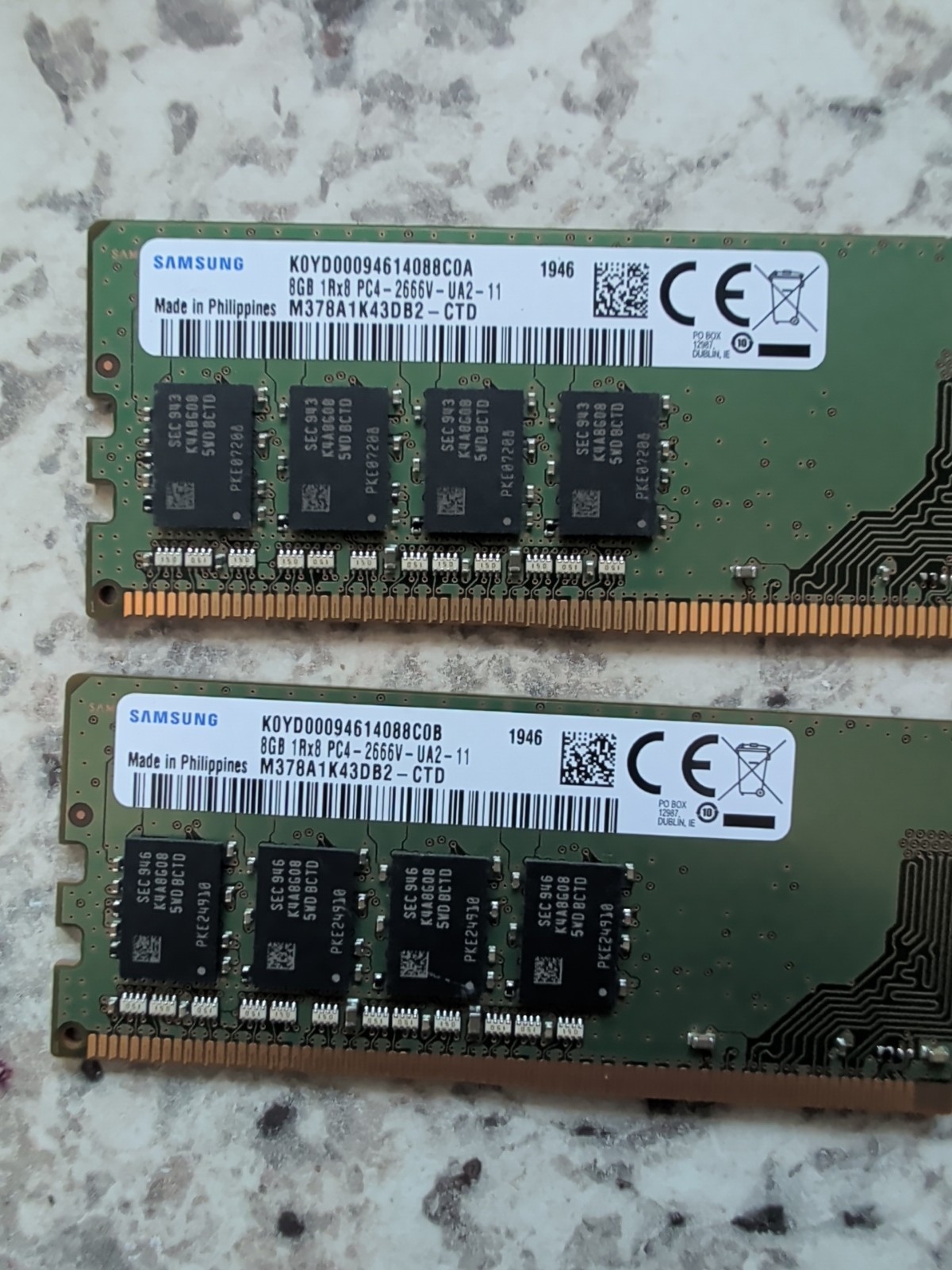 16GB (2x 8GB) 1Rx8 Samsung PC4-2666V-UA2-11 M378A1K43CB2-CTD