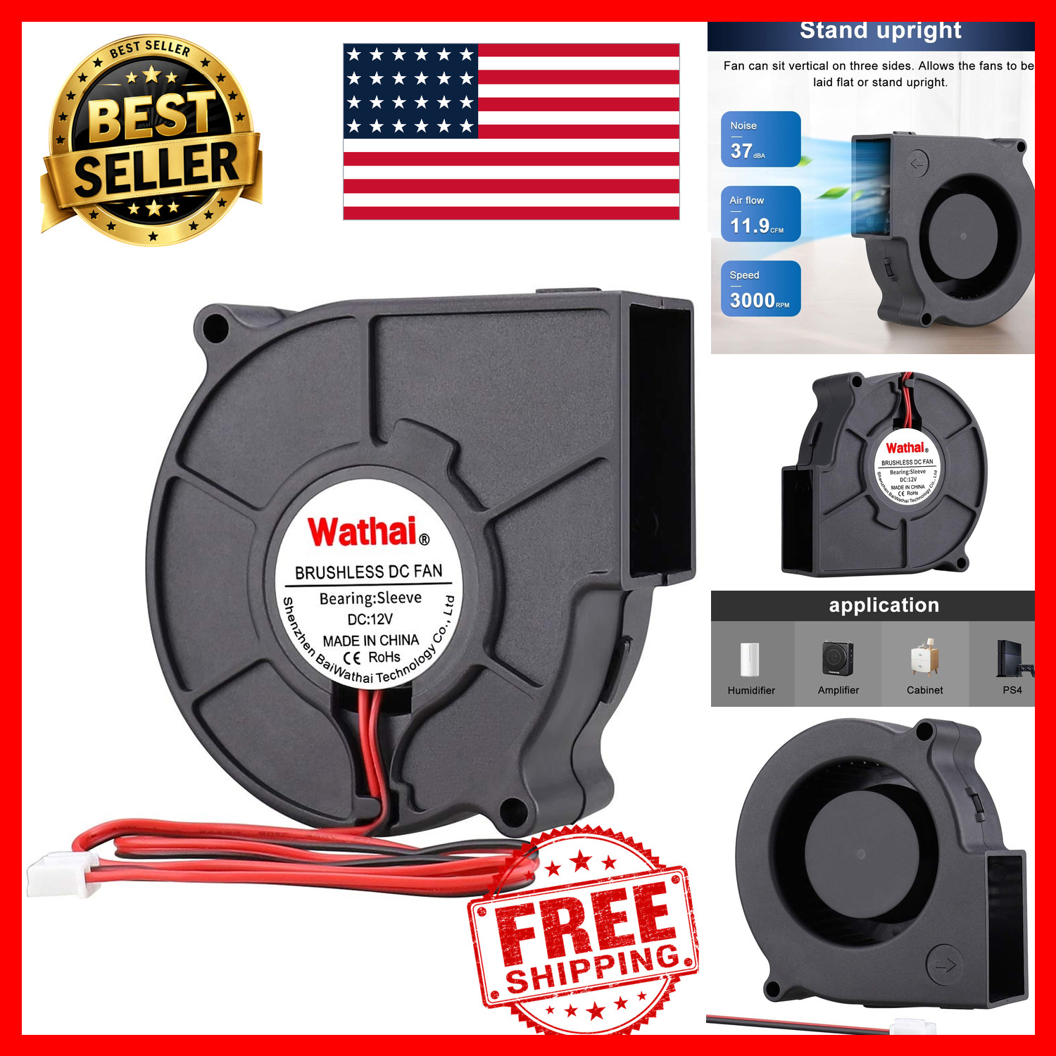 12V Centrifugal Blower Fan 75x30mm 3000 RPM 11.9 CFM Sleeve Bearing 3D Printer