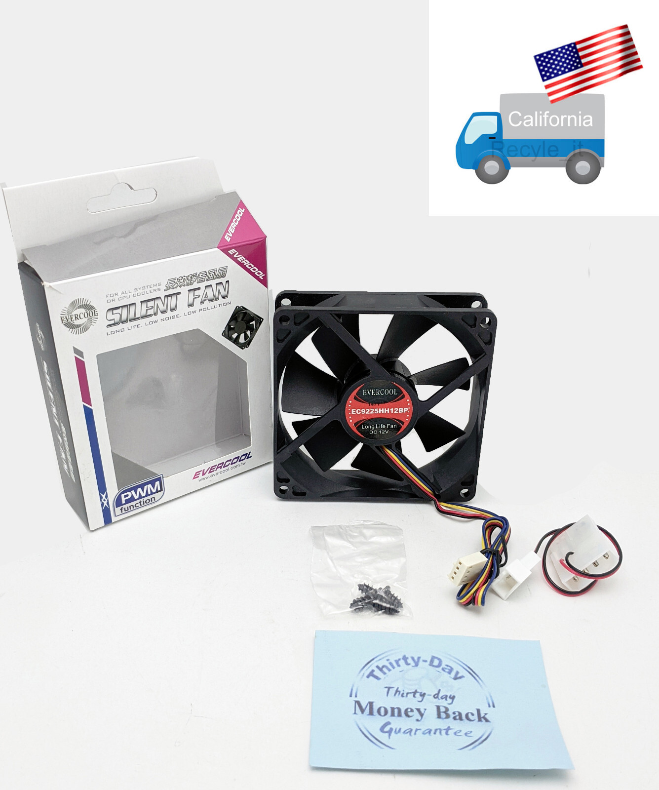 NEW Evercool 92mm x 25mm High Speed Two Ball Bearing PWM Fan, 4pin Molex Adapter