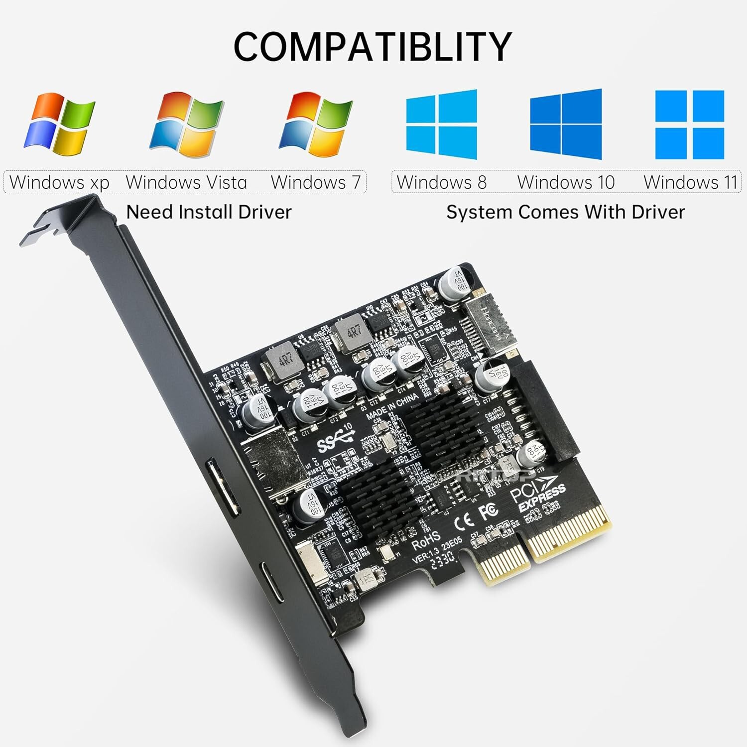 PCIe to USB 3.2 Expansion Card 5Gb, PCI-e to 20Pin + Type-E + USB 3.0 A + USB C