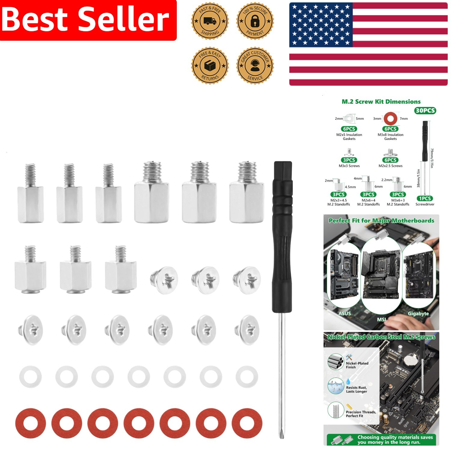 Nickel Plated Carbon Steel M.2 SSD Screw Standoff Set for Motherboards