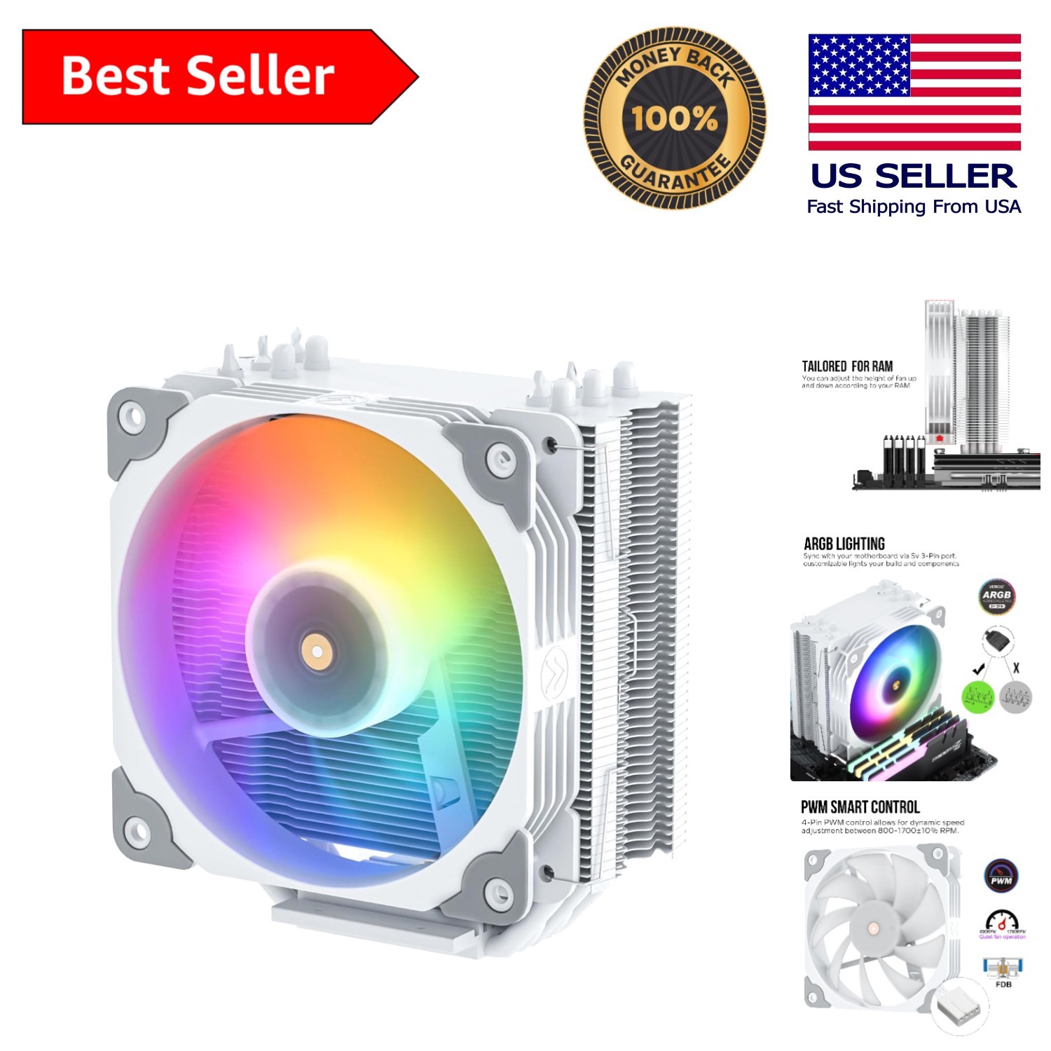 V5 120mm FDB PWM CPU Cooler – Intel & AMD Support with RGB Lights